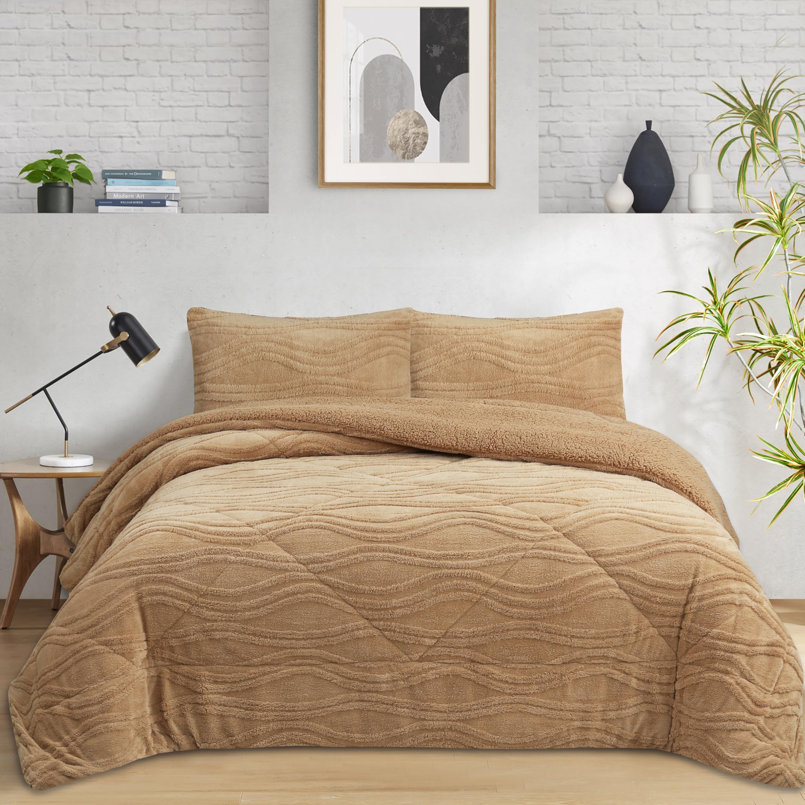 NH NOVOTEXTIL HOGAR Edredón Invierno Sherpa Cama 90 (180x260) Extra Grueso 560gr/m2 Efecto Borreguito - Edredón Suave, Cálido y Transpirable con 1 Funda Almohada (50x70) (Azov Beige)