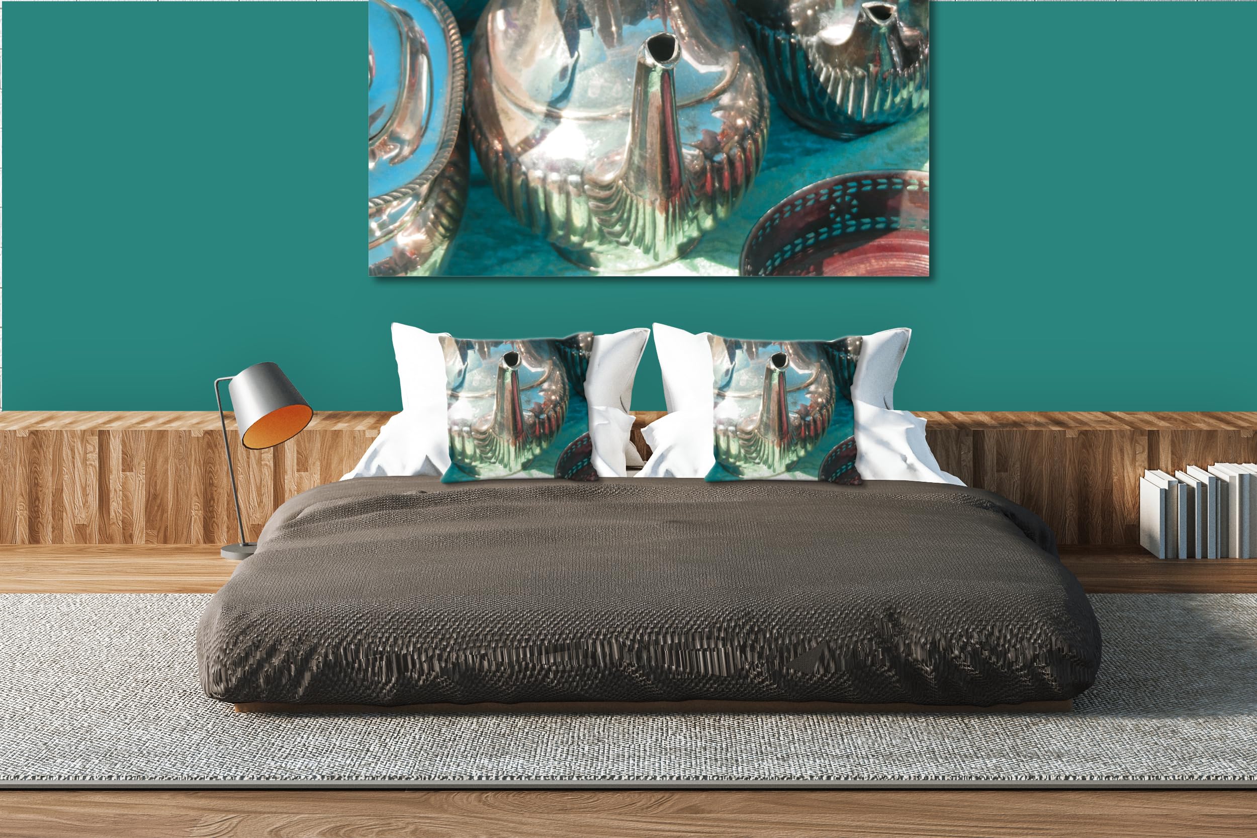 Fein & edel 1 - Foto-Kissen-Hülle Set (2 STK.) 40 x 40 cm | Kissen-Bezüge - passend zu Wandbild - Deko-Kissen - Kanne Silber Geschirr Nostalgie Antiquität