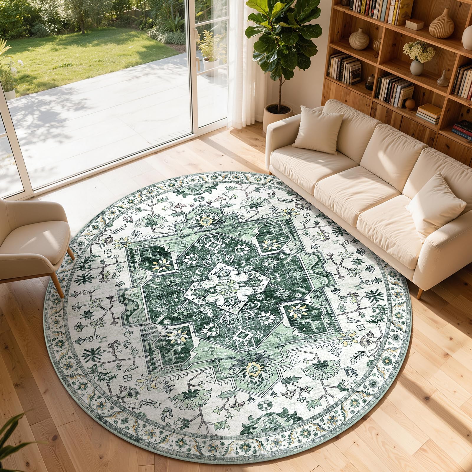 XSIVOD Round Living Room Rug, Washable Area Rugs for Bedroom, Non Slip Vintage Rugs for Dining Room Home Office, Soft Low Pile Floral Rug Accent Floor Carpet for Home Decor, 120 x 120 cm, Green