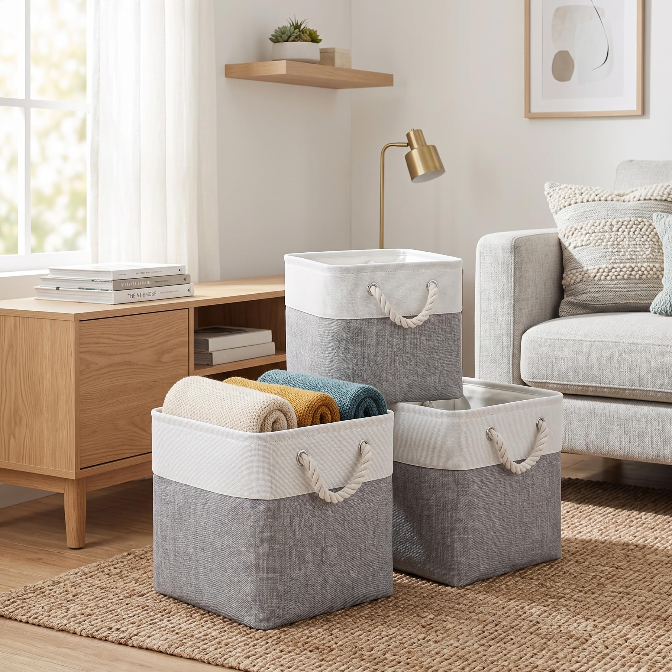 Latemeia 3-pack 13 Inch Cube Storage Bins, Foldable Storage Cubes, Cubby Bins With Rope Handles, White & Gray, 13x13x13 Inch, Ornaments extérieurs