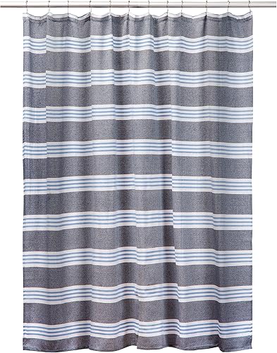 Miniatura 2 de Laura Ashley - Cortina de ducha tejida a rayas  Elegante decoración de baño  Lavable a máquina  Mide 72 x 72 pulgadas  Mezcla de algodón  Azul