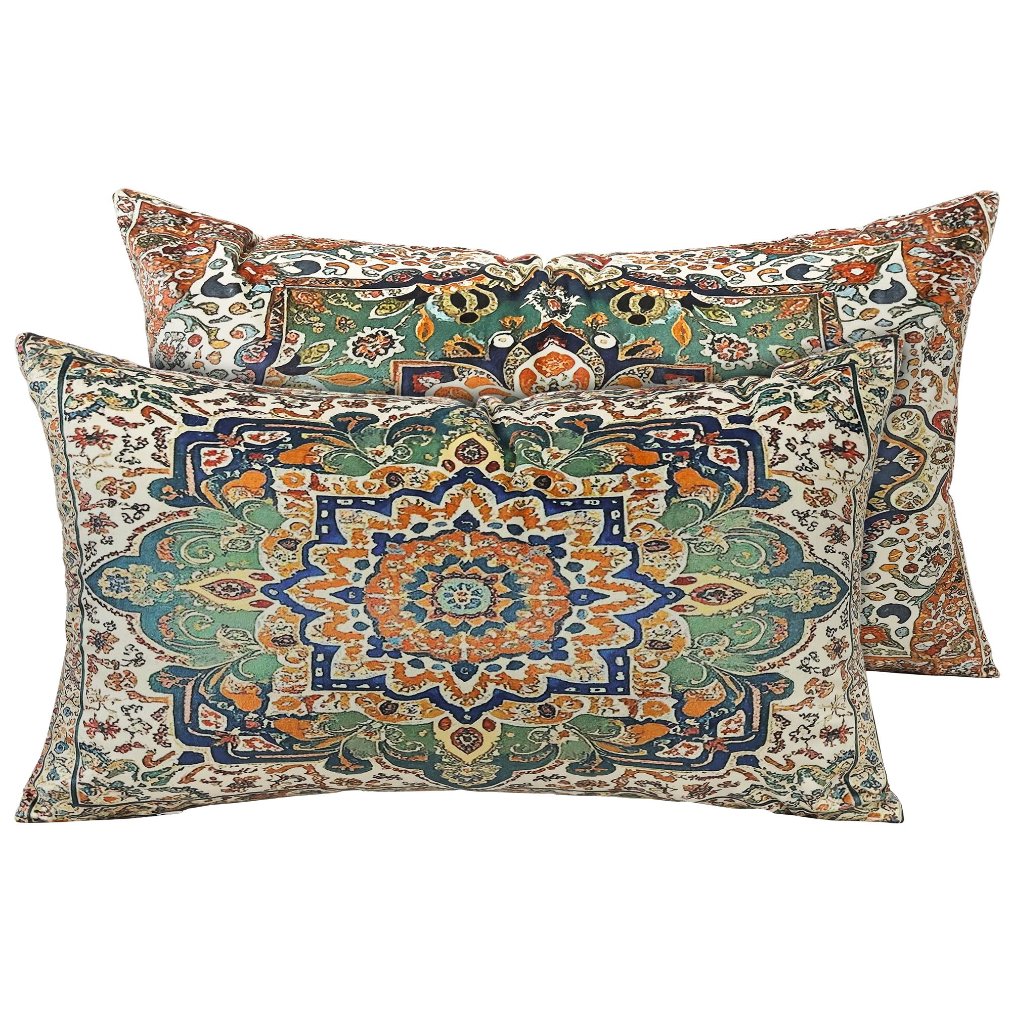 Boho Soft Velvet Throw Pillow Covers 12x20 in Vintage Kilim Carpet Tribal Pattern Pillowcases, Antique Ethnic Decor, Geometric Pattern Cushion Cover for Sofa Living Room Green, 2 Pack