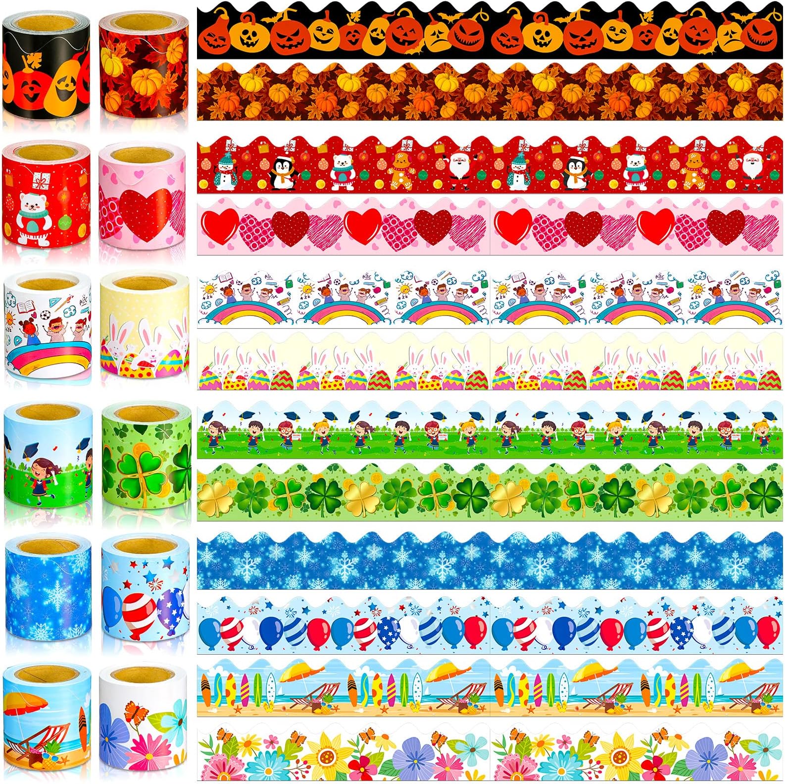 Spakon 12 Rolls 394 ft Bulletin Board Borders Stickers Decorative Trim 12 Designs Blackboard Border for Christmas Winter Halloween Holiday Graduation Back to School Classroom Decoration