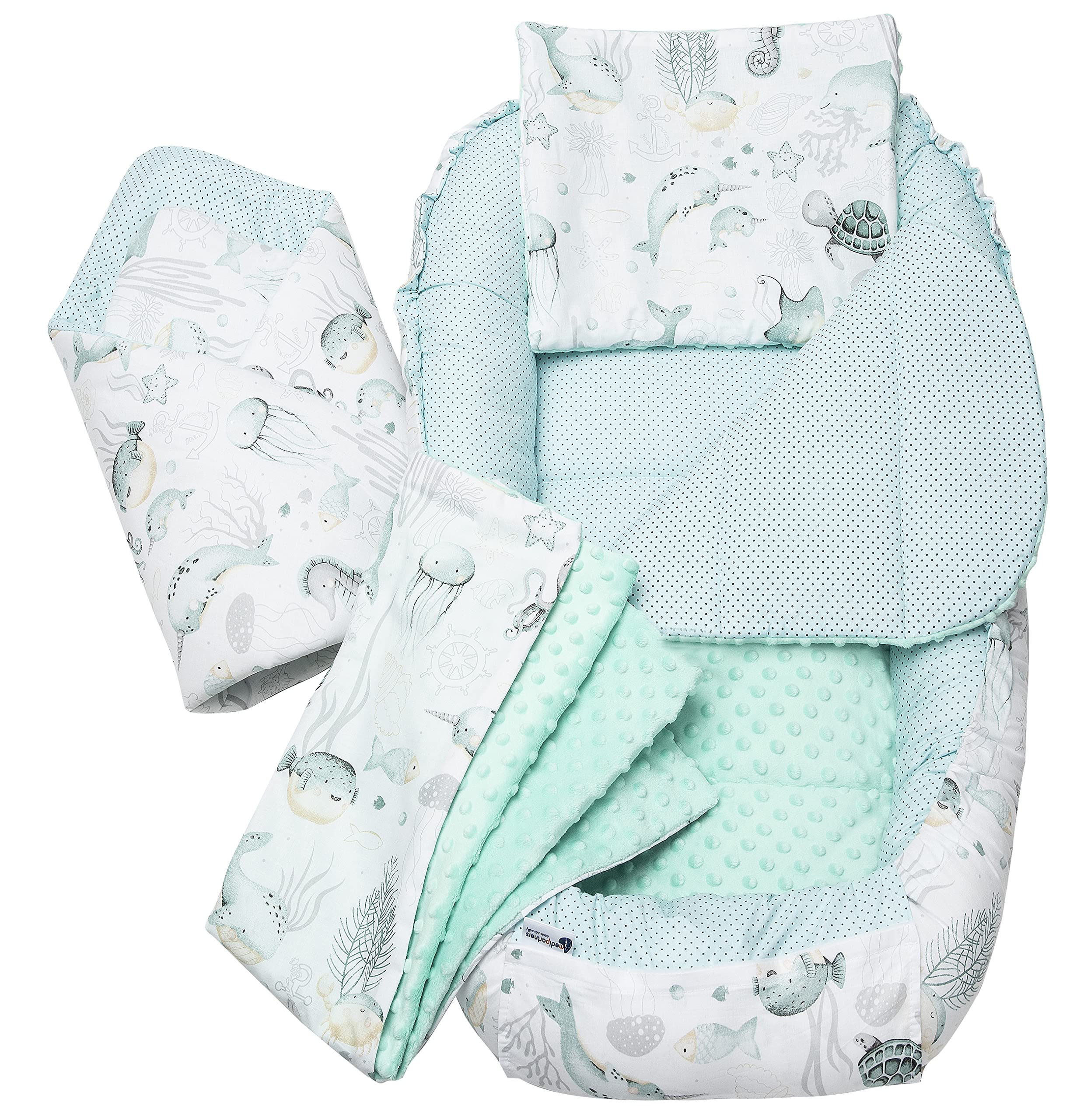 Medi Partners Babynest Nestchen Baby Set für Neugeborene - 100x60x15 Kuschelnest 5 teilig tragbar Nest zweiseitig Babynestchen Bett 100% Baumwolle (Ozean mit Minze Minky)