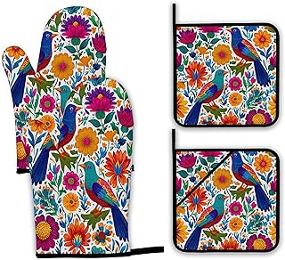 Colorful Bird Oven Mitts and Pot Holders,Flowers Mexican Style Heat Resistant Oven Mitts Gloves and Pot Holder for Home Kitchen Decorations Cooking Baking BBQ Gifts,Set of 4