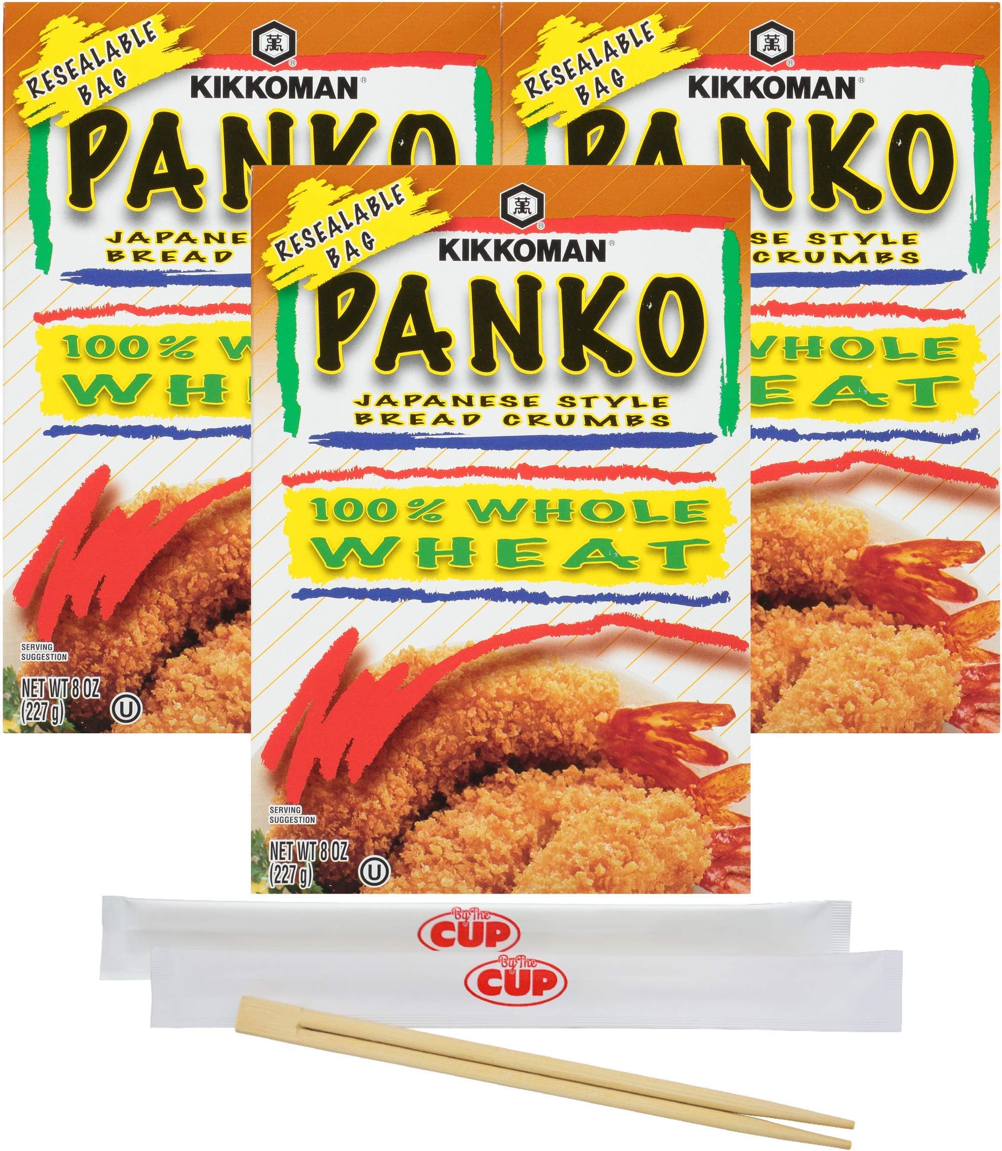 Kikkoman Whole Wheat Panko Japanese Style Bread Crumbs, 8 Ounce Box (Pack of 3) with 2 Sets of By The Cup Chopsticks