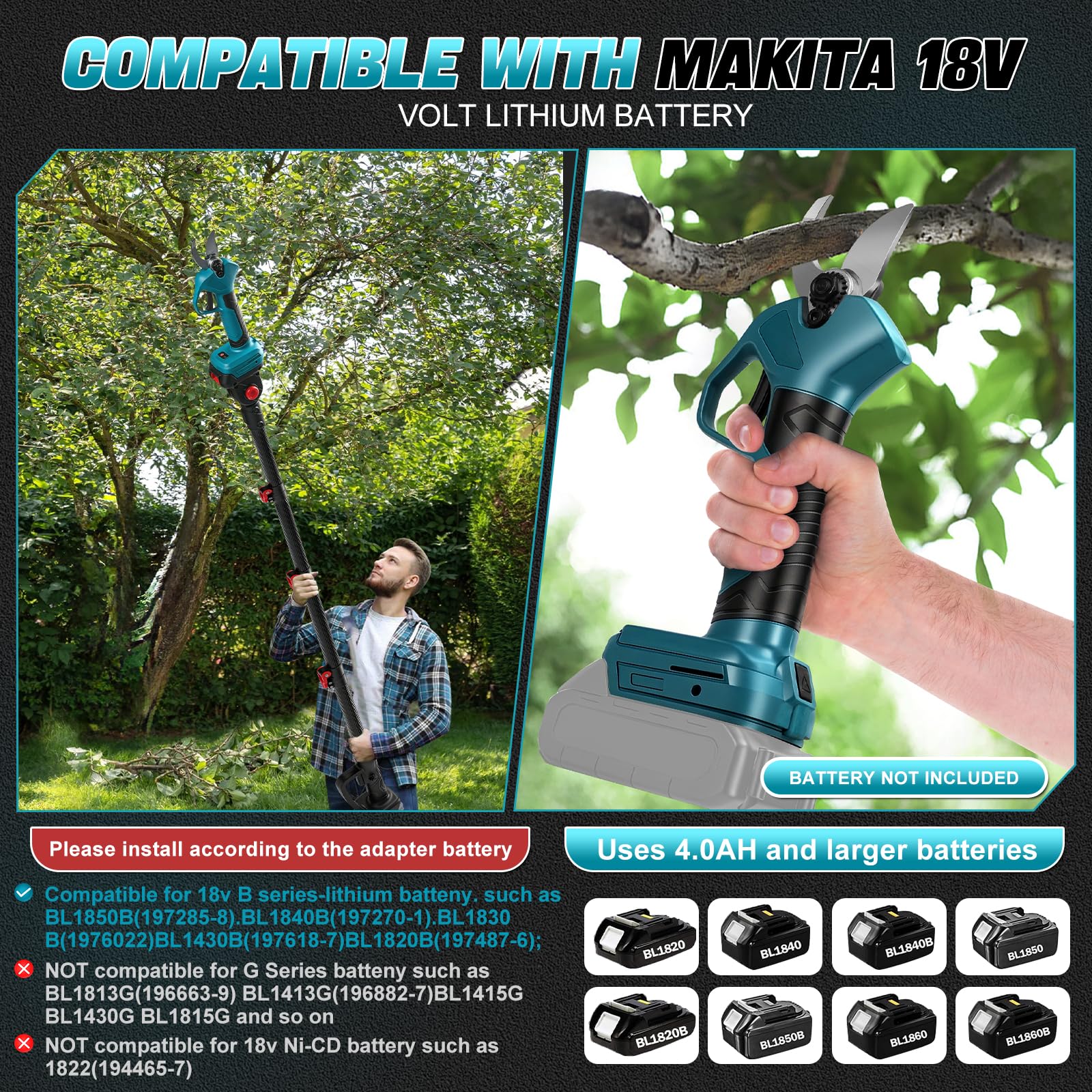 Accutakkenschaar compatibel met Makita 18 V accu, borstelloze motor, digitaal lcd-display, 45 mm maximale snijdiameter, voor het snoeien van bomen en fruitbomen