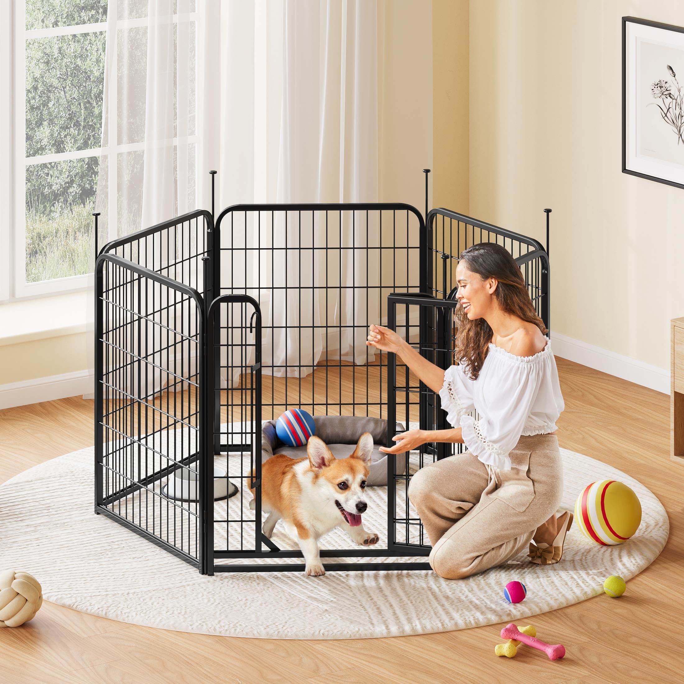 Abician Enclos Chiens Chiot Clôture Chenil en Métal 6 Panneaux 65x80 cm | Parc Chien Pliant Lapin Canard Rongeur Cage pour chien Exterieur avec piquets à Sommet Ovale et Plat intérieur/extérieur Noir