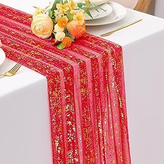 Snowkingdom 10FT Red Gold Table Runner, Sequin Glitter Sheer Chiffon Gauze Cheesecloth Runner 120 Inch, Red and Gold Party Decorations for Wedding Anniversary Birthday Graduation Christmas Holiday