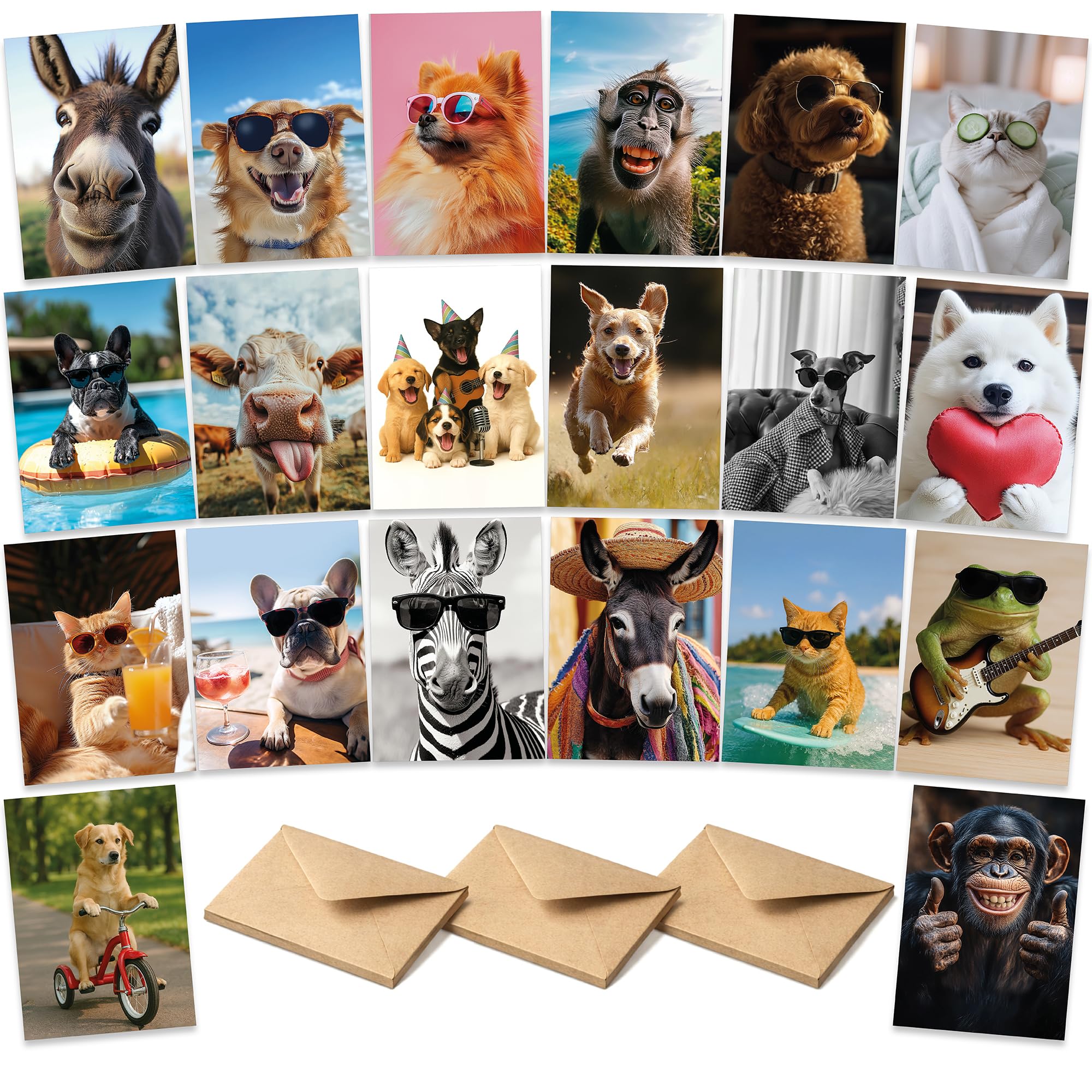 Funny Everyday Cards Multipack - Set of 20 Cards - Assorted Funny Animal Images, For Birthday Celebration Congratulations Thank You, Blank Inside with Envelopes