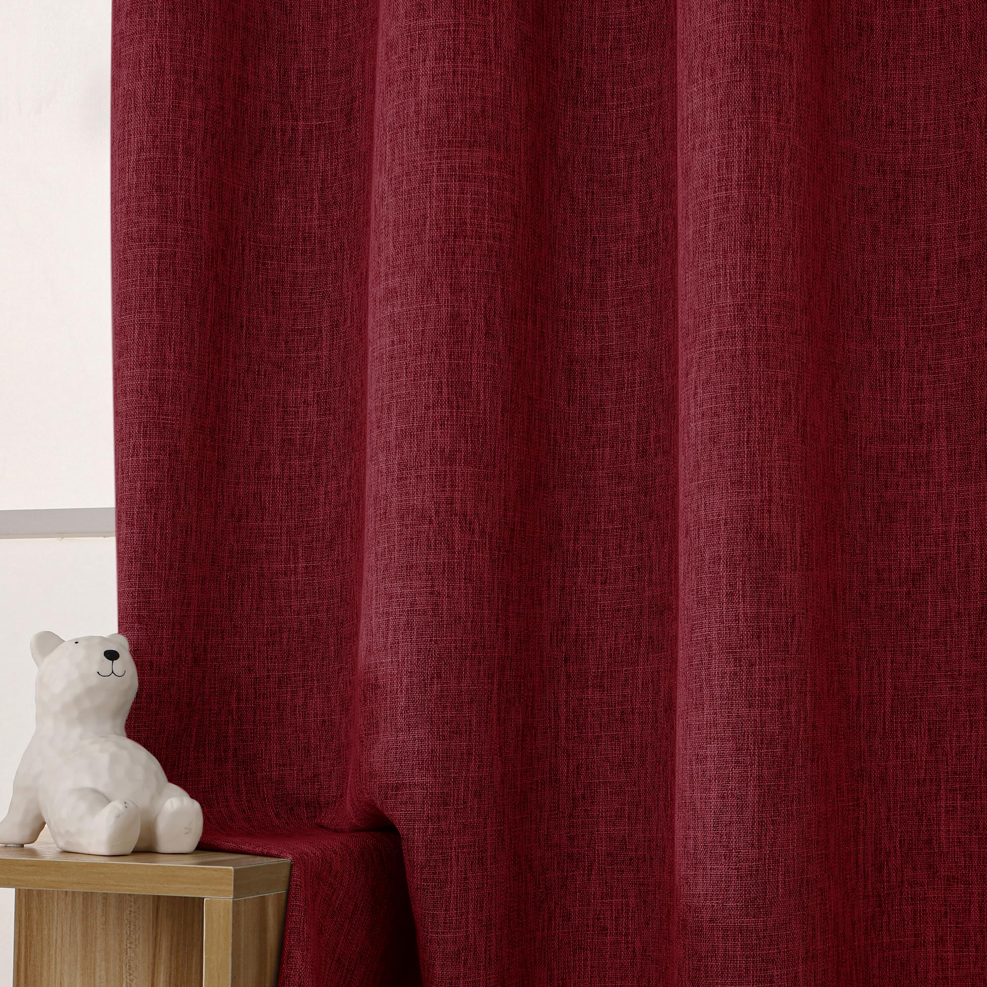INLINAS 52 x 84 Inch Linen Bamboo Knots Texture Blackout Curtains - 100% Light Blocking, Noise Reducing and Thermal Insulating Triple Layer Fabric Grommets Top for Bedroom, 2 Panels, Burgundy Red