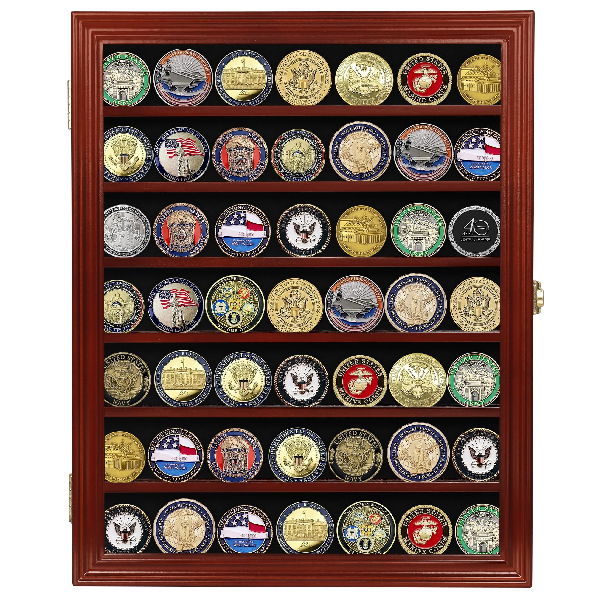Military Challenge Coin Display Case Wall Mount Cabinet Poker Chips Holder Display Case Stand Rack Mahogany Finish Frame Pro 98% UV Protection