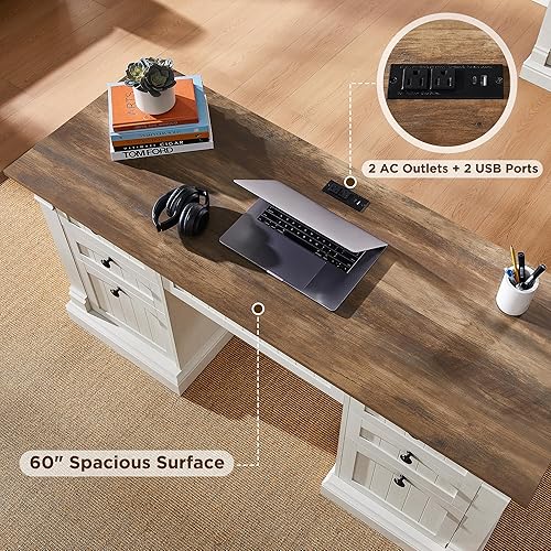 Miniatura 4 de OKD Escritorio ejecutivo de 60 pulgadas con cajones, escritorio de oficina en casa de granja con estación de carga, bandeja para teclado,