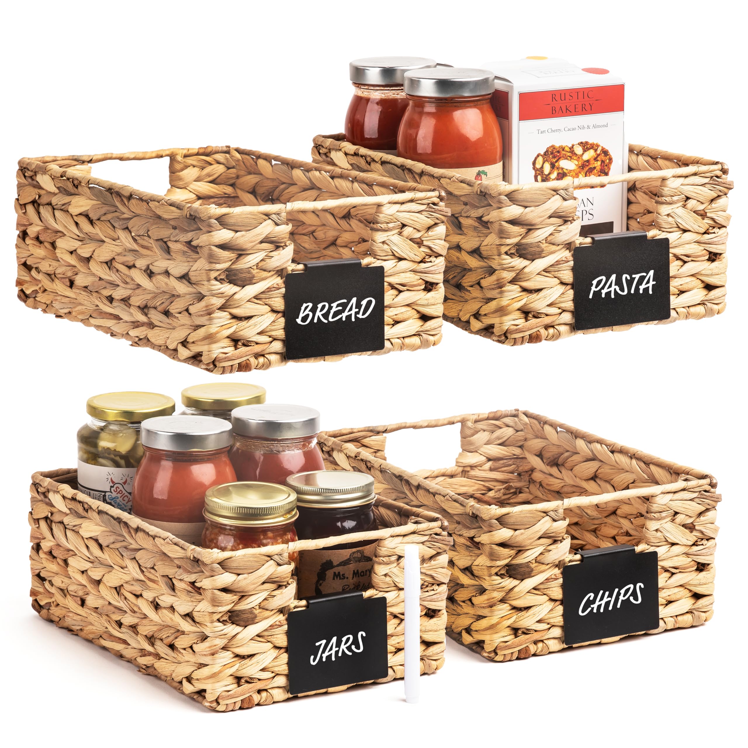 Set of 4 Handwoven Water Hyacinth Storage Baskets Natural Seagrass Baskets for Pantry