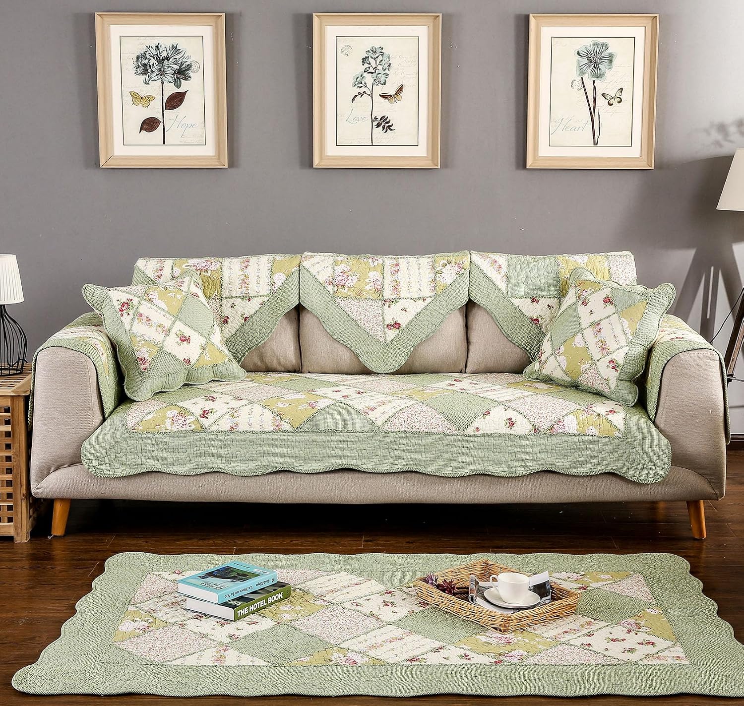 Boho Patchwork Sofa Cover Floral Pattern Sofa Slipcover Soft Cotton Quilted Sectional Couch Cover Non-Slip Washable Furniture Protector for Pet Kids Carpet Window Mat (Green,28"x28")