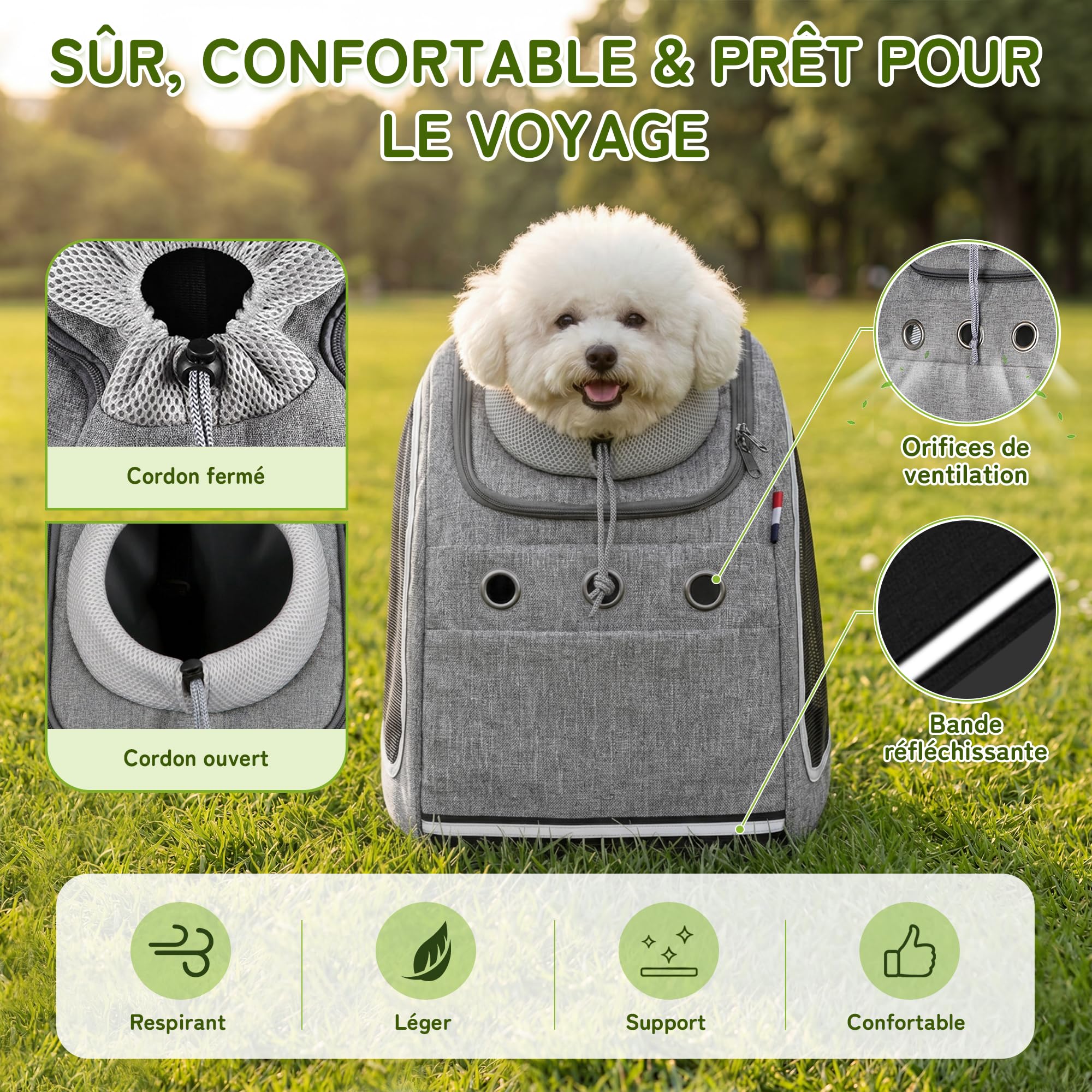 ALLSOPETS Sac à Dos de Transport pour Chien et Chat, Gris Clair | Sac Transport avec Sangle de Sécurité, Confortable pour Petits Chiens et Chats, Idéal pour Voyage, Randonnée et Extérieures