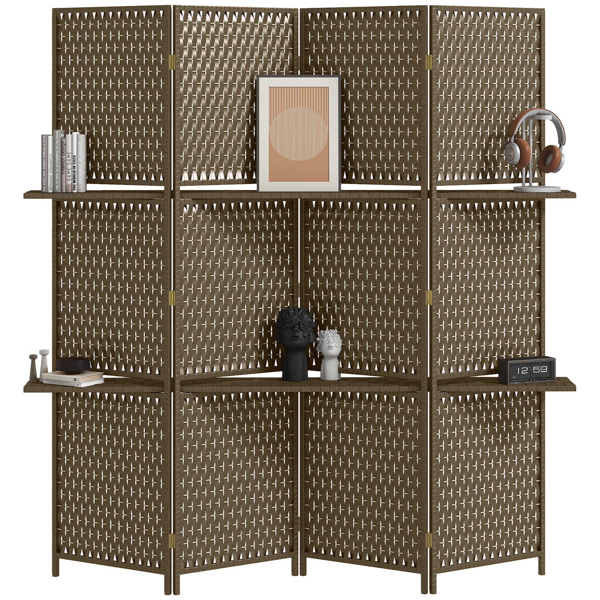 Homcom Brown 4-Panel Room Dividers With Shelves, Wave Fibre Freestanding Folding Privacy Screen Panels, Partition Wall Divider For Indoor Bedroom Office, 180 Cm,