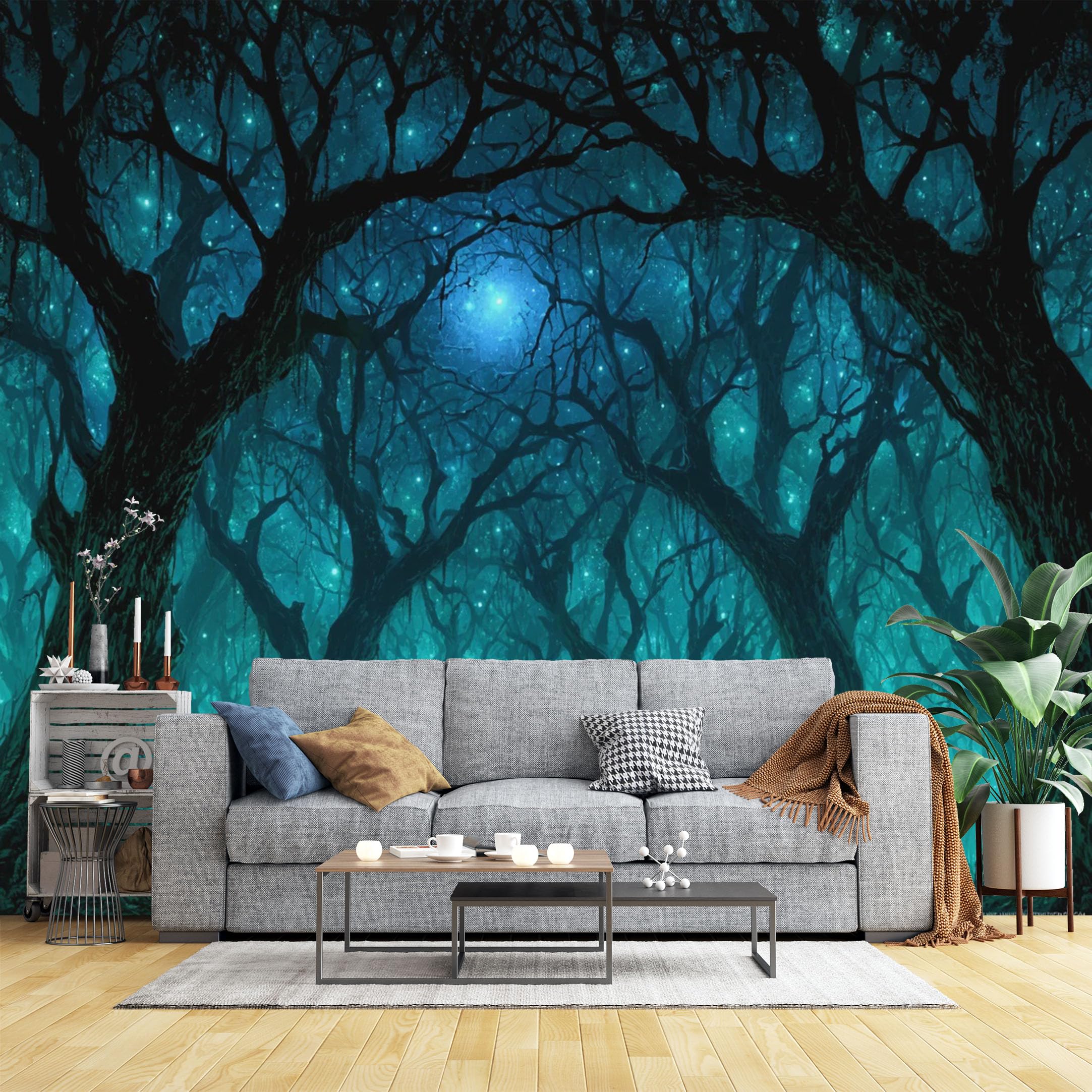 Custom Size Wall Murals Magical Blue Glowing Forest Wall Murals Enchanted Fantasy Wallpaper, Large Photo Wallpaper Self-Adhesive Removable Wallpaper for Living Room
