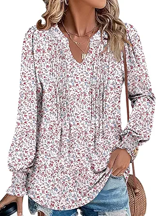 BETTE BOUTIK Long Sleeve Shirts for Women Fall Tops Dressy Blouses Pleated V Neck Tunic Tops for Leggings S-3XL