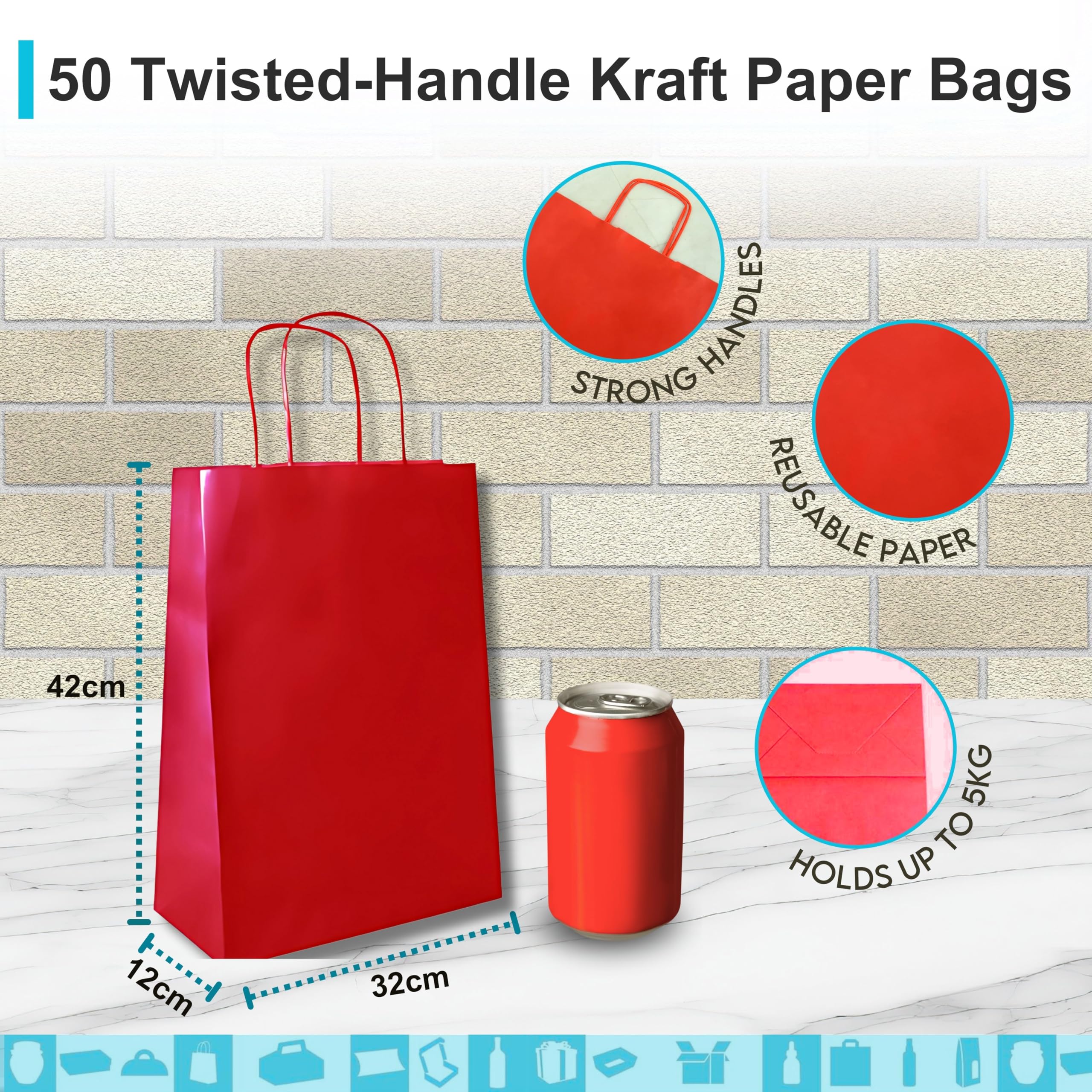 50 sacchetti regalo in carta kraft rossa, 32 x 12 x 42 cm, sacchetto regalo di compleanno, sacchetto regalo con manici intrecciati, ideale per confezioni regalo, celebrazioni, Natale, matrimonio