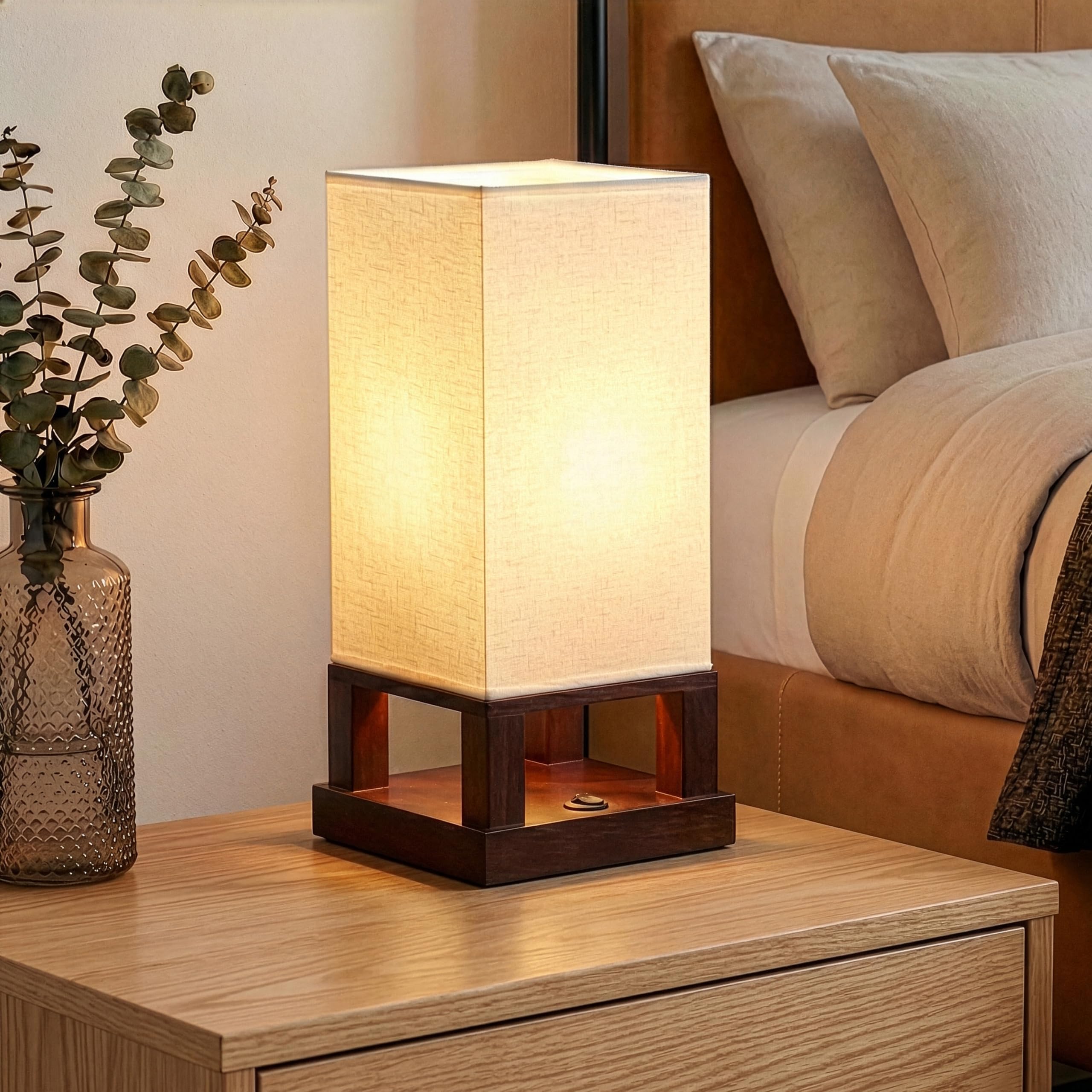 Maxwell Bedside Lamp with USB Port – Compact Table Lamp for Bedroom, Living Room - Modern Asian Nightstand Lamp with Wood Frame - LED Bulb, Soft Light - Havana Brown