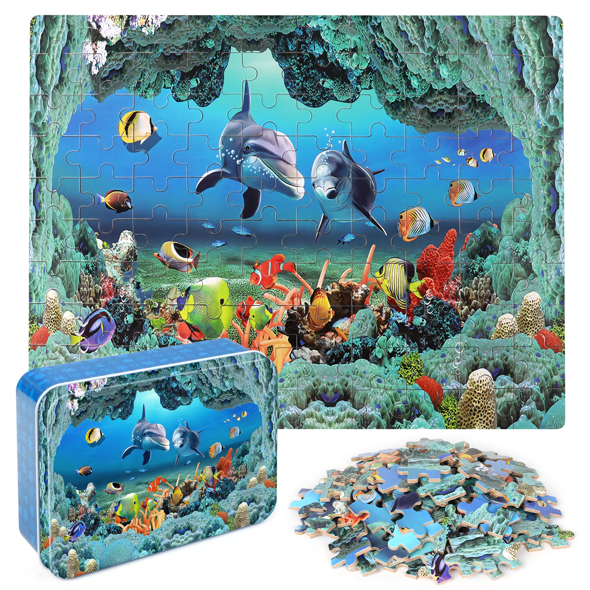 LELEMON Underwater World Puzzles for Kids Ages 4-8,100 Piece Ocean Dolphins Fishes Jigsaw Puzzle for Children,Learning Educational Toys for Boys and Girls