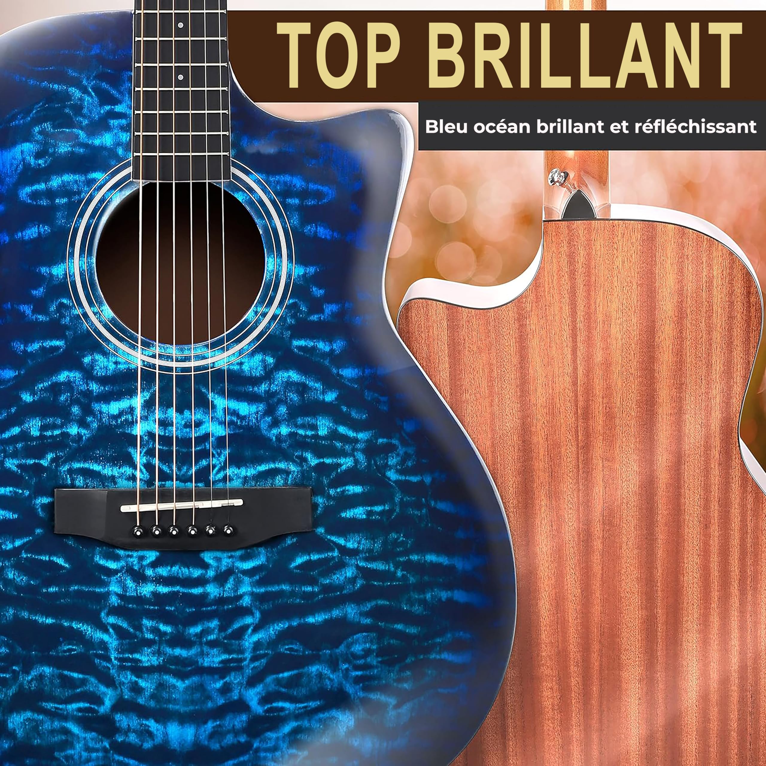 Pyle Blue Ocean Ripple est une guitare acoustique à cordes en acier, dotée d'une table en épicéa massif et d'une finition brillante.Elle est de taille complète et comprend un kit d'accessoires complet