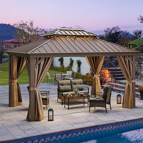 YITAHOME 10x12ft Gazebo Hardtop with Nettings and Curtains, Heavy Duty Double Roof Galvanized Steel Outdoor 2-Tier Aluminum Frame Garden Tent for Patio, Backyard, Deck and Lawns, Bronze