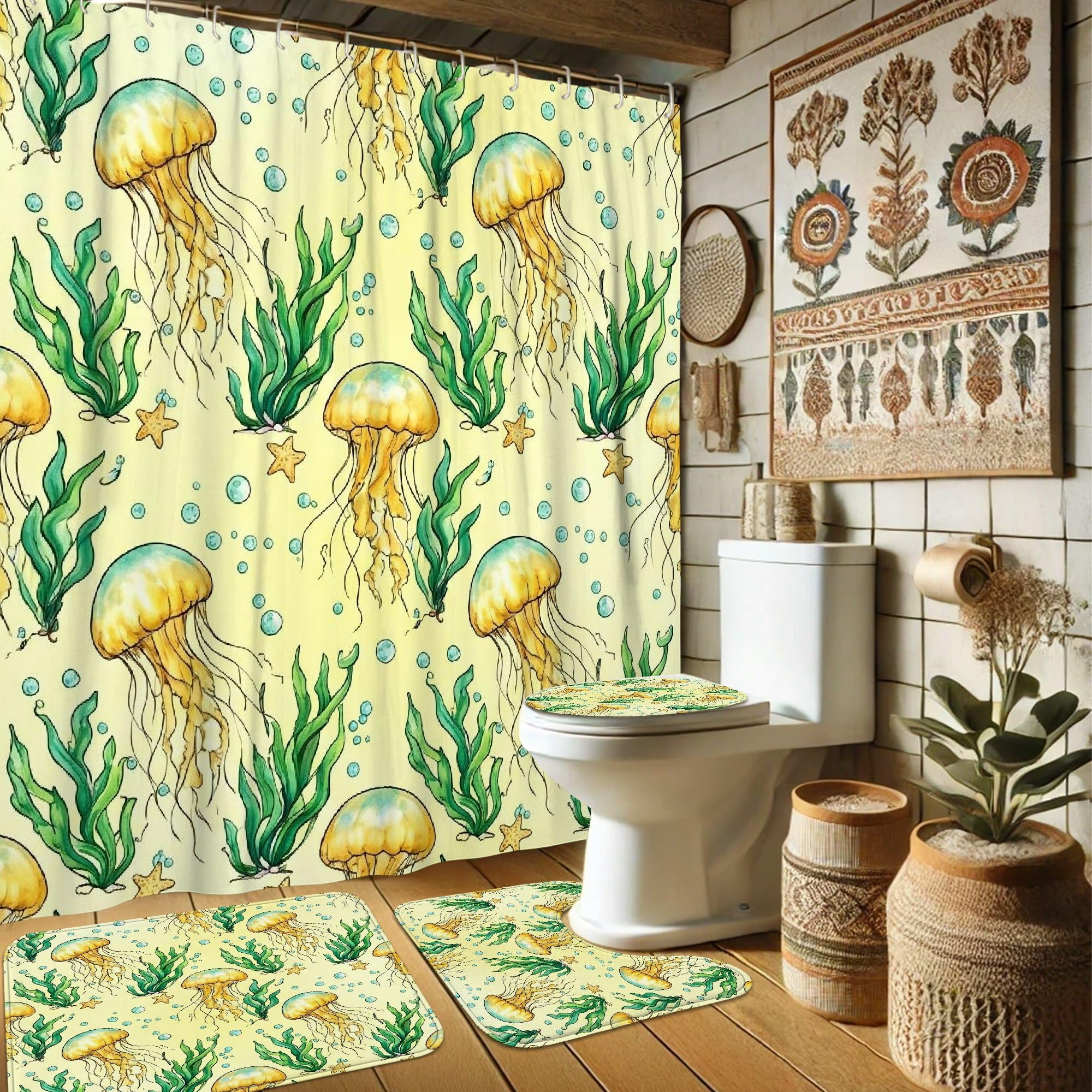 Rideau de douche baignoire hôtel 183x183 motif algues tropicales