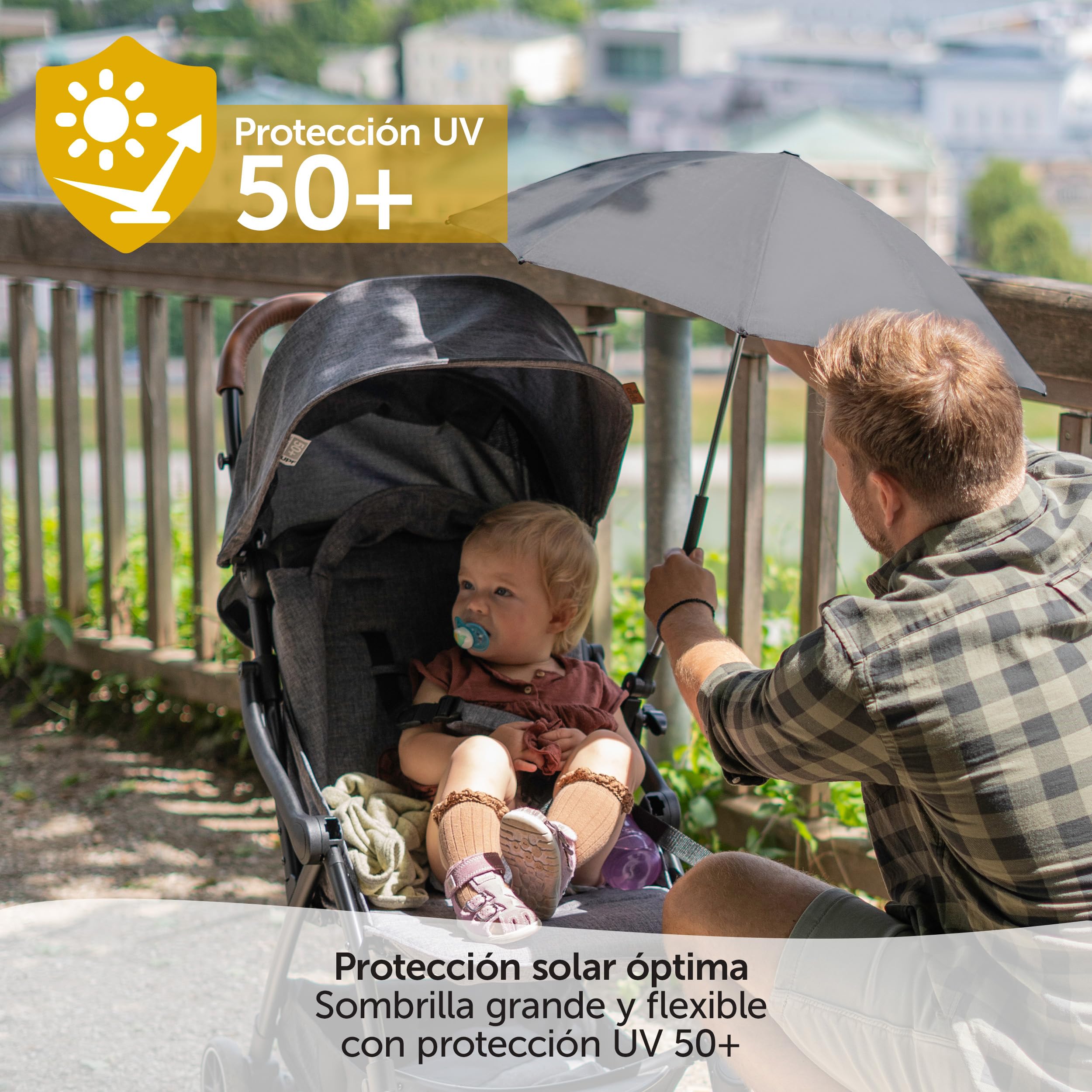Zamboo Sombrilla Carro Bebe Universal con Protección UV50+ - Paraguas Parasol con 12 Posiciones para Cochecitos y Sillas de Paseo - Sombrillas Regulables Diámetro 73 cm - Repelen el Agua - Gris