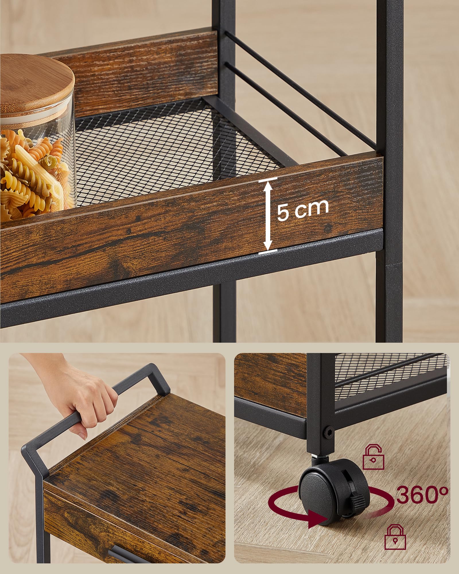 VASAGLE LRC048K01 Storage Trolley 3 Tier Chipboard Storage Trolley with