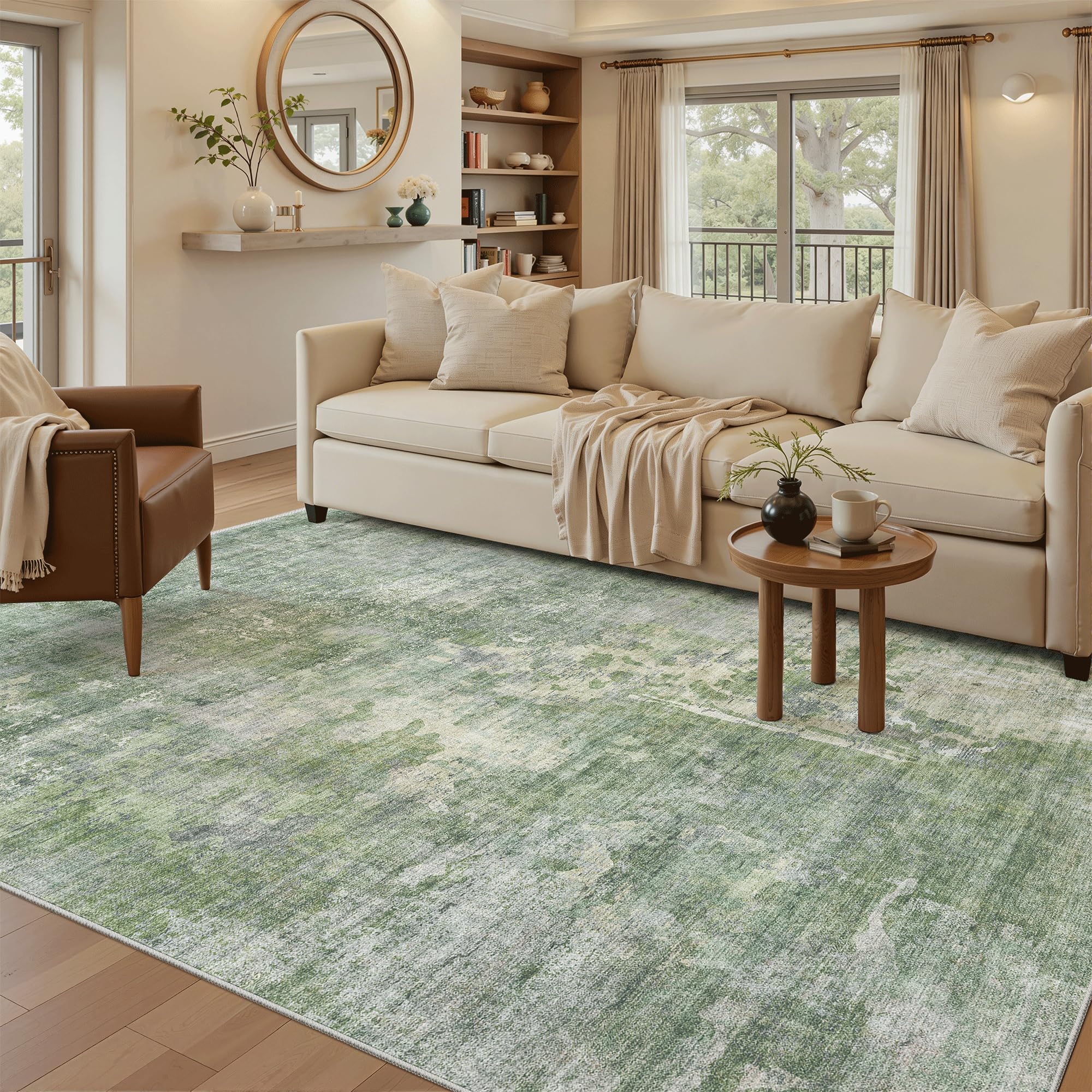Soalmost Abstract 7x9 Area Rug for Living Room Washable Rugs Green/Ivory — image 1
