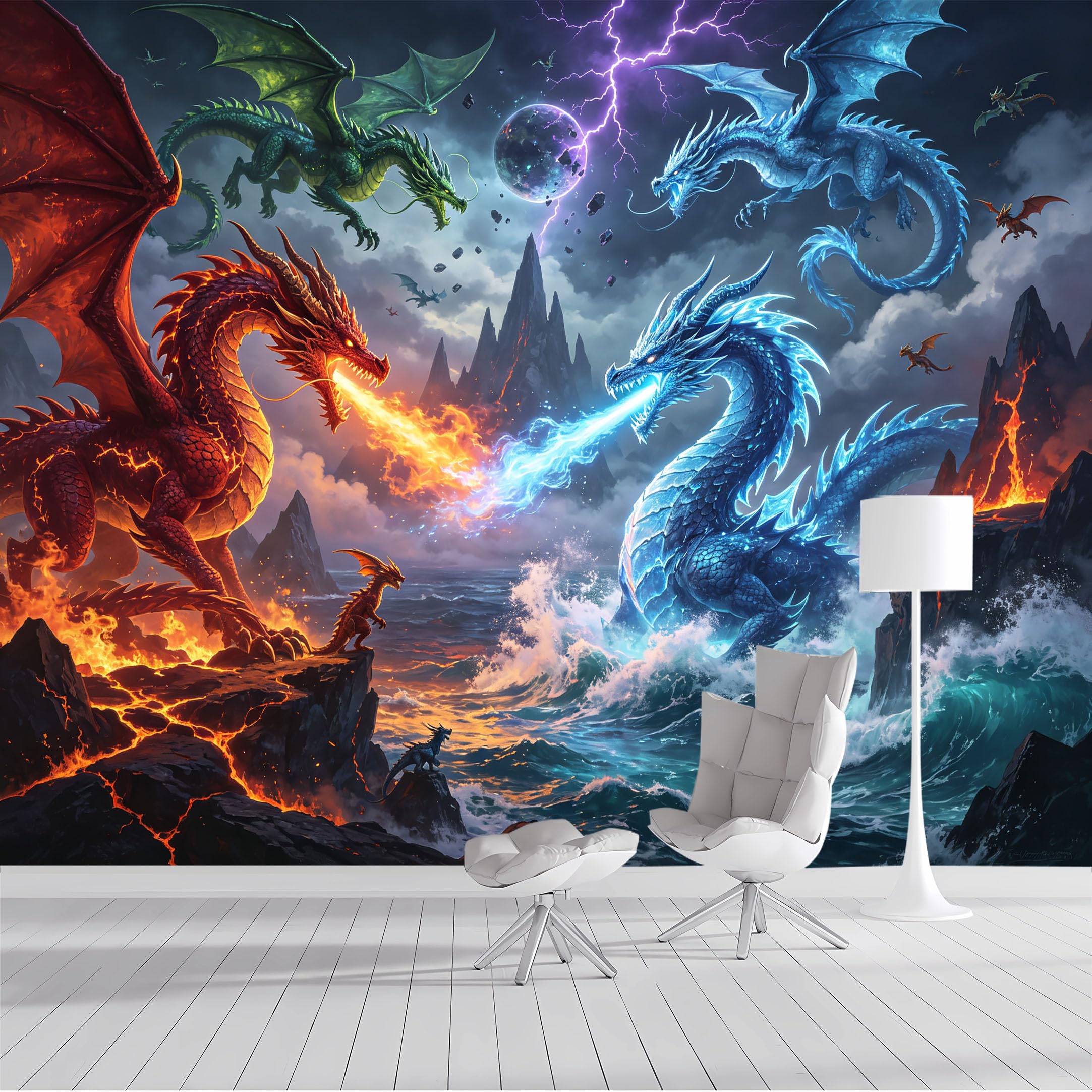 Yzpallescene Bh260711047 Custom Size Wall Mural Fantasy Dragons Volcano Ocean Lightning Surrealism Selfadhesive Wall Fabric Removable Peel And Stick Wallpaper Wall Decor For Living Room Bedroom Bathroom