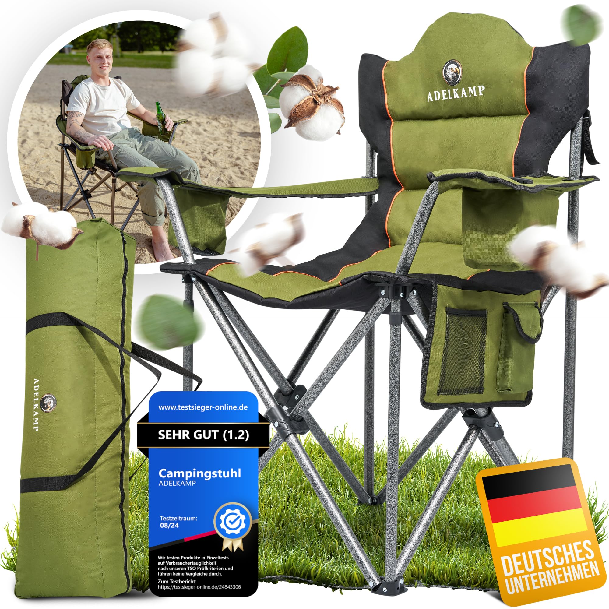 Campingstuhl Faltbar [Dick gepolstert] Ultragroß | Hoher Komfort | 150kg Belastbar | Mit Kühltasche & Getränkehalter – Testsieger 2024, Luxus Premium, Olivgrün