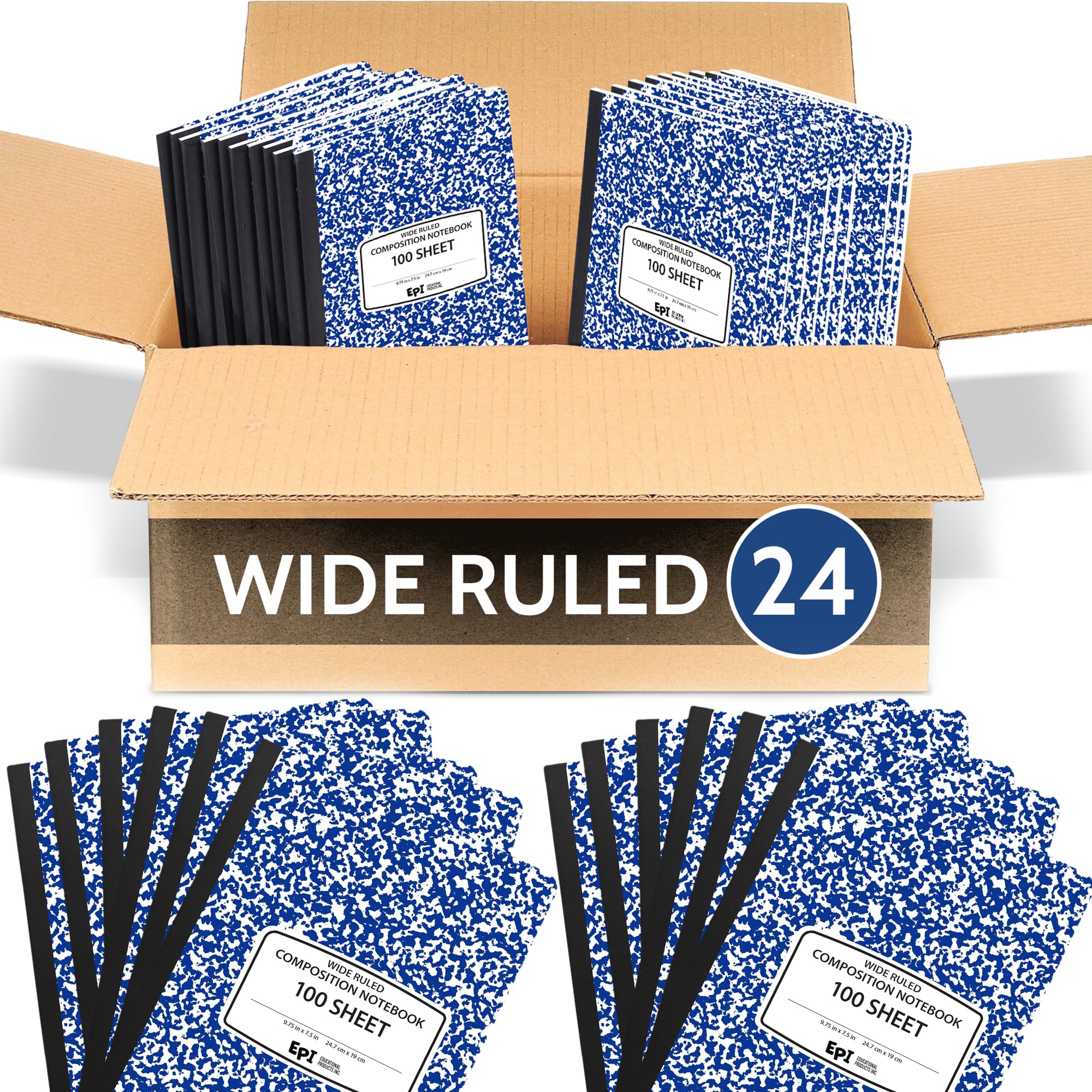 24 Pack - EPI Wide Ruled Marble Composition Notebook - Blue 200 Page Note Book - 9.75 x 7.5 Inch Hardcover Journal with Sewn Binding for Secure Pages