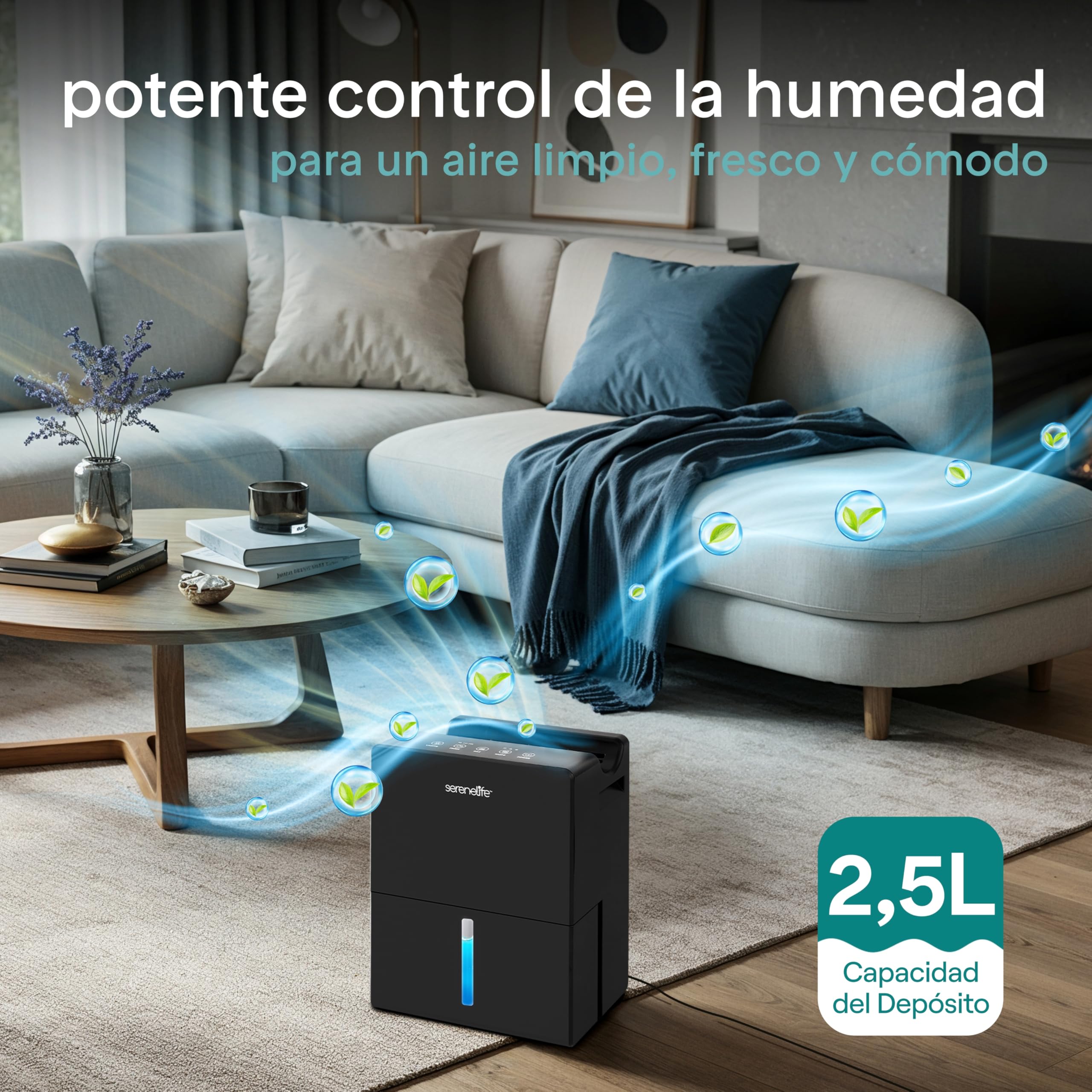 SereneLife deshumidificador pequeño y silencioso para hogar, Dormitorio y baño, 2 en 1 con cilindro extraíble, Base de secado, Control inteligente, Temporizador, Modo sueño, Hasta 111 m²