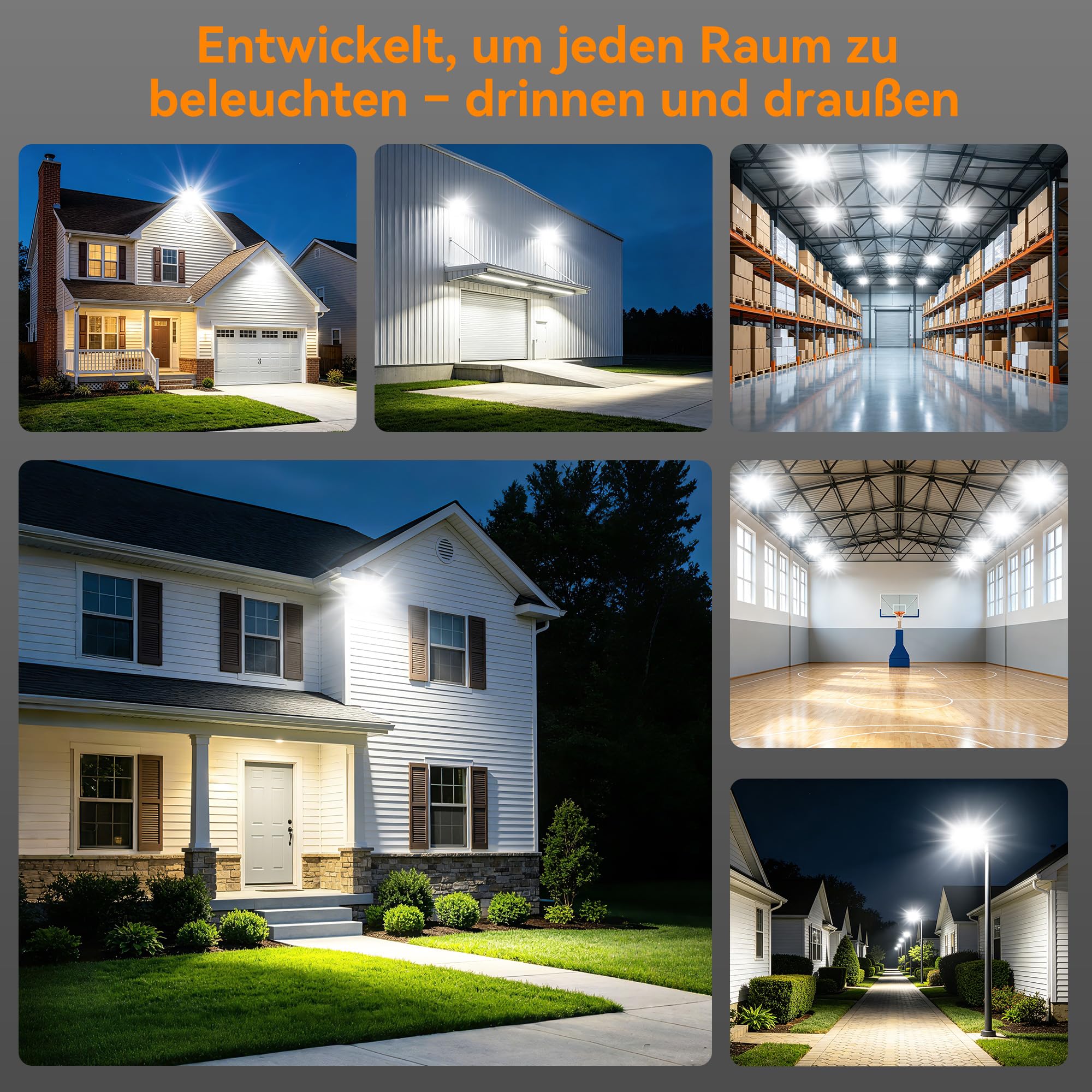 SOLLA 2026Lite 300W LED Außenflutlicht 30000LM Hochleistungs, 6000K Tageslichtweiß IP65 Wasserdicht, 3 Verstellbare Köpfe Außen-Sicherheitslicht für Hof Parkplatz Sportplatz Baustelle - Grau