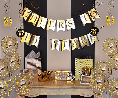 Miniatura 3 de Paquete de decoraciones de cumpleaños y aniversario de 10 años Cartel de Saludos a los 10 años, globos, remolinos y suministros de fiesta de confeti