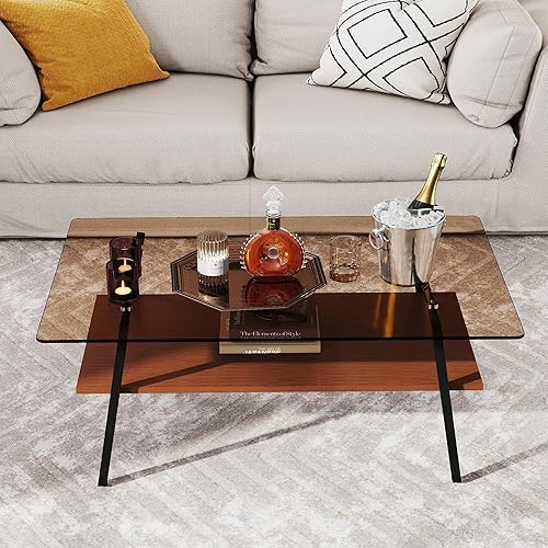 Miniatura 5 de YOUGUO Mesa auxiliar de cristal, mesa de centro rectangular de 2 niveles de mediados de siglo, parte superior de vidrio templado y estante de