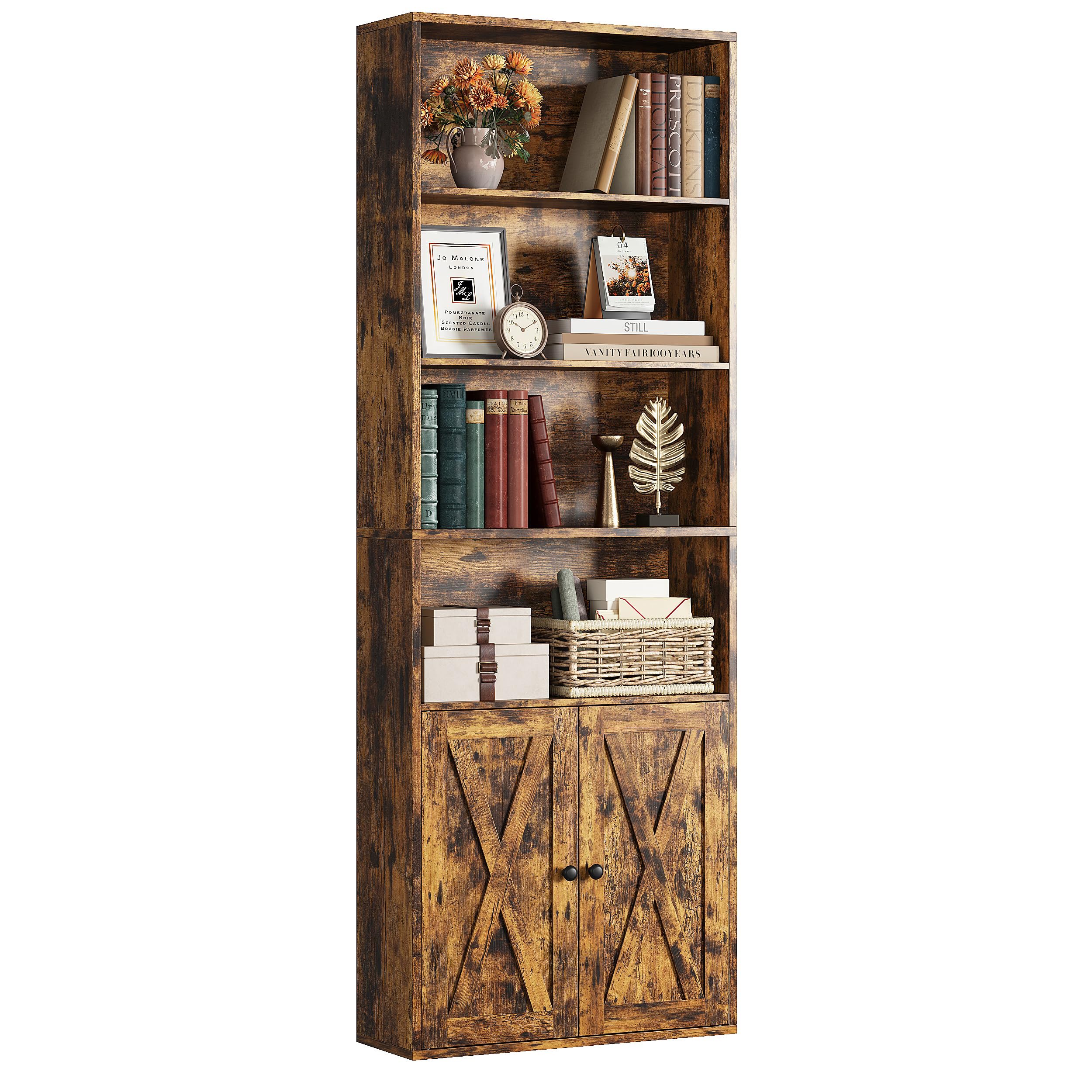 IRONCK Bücherregal Braun, Standregal mit Türen, Holz Regal mit 6 Ebenen, Offenes Aufbewahrungsregal für Wohnzimmer, Homeoffice, Esszimmer, Schlafzimmer, 24 x 60 x 180 cm