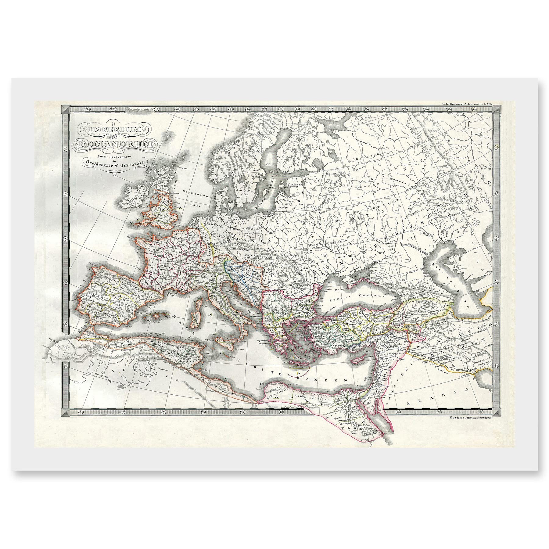 Artery8 Roman Empire Divided East West Ancient Rome 1850 Vintage Map Artwork Framed Wall Art Print A4