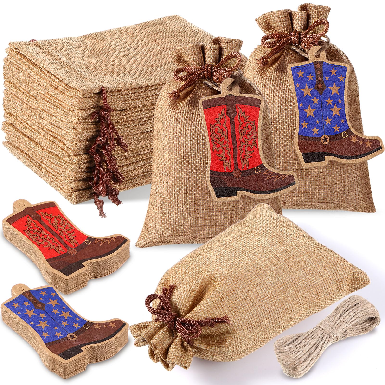 Mooliwe 50 Pcs Burlap Drawstring Bags with Boot Shape Tags, Western Cowgirl Gift Sacks Bulk 4 x 6 Inches Reusable Burlap Candy Pouch for Bachelorette