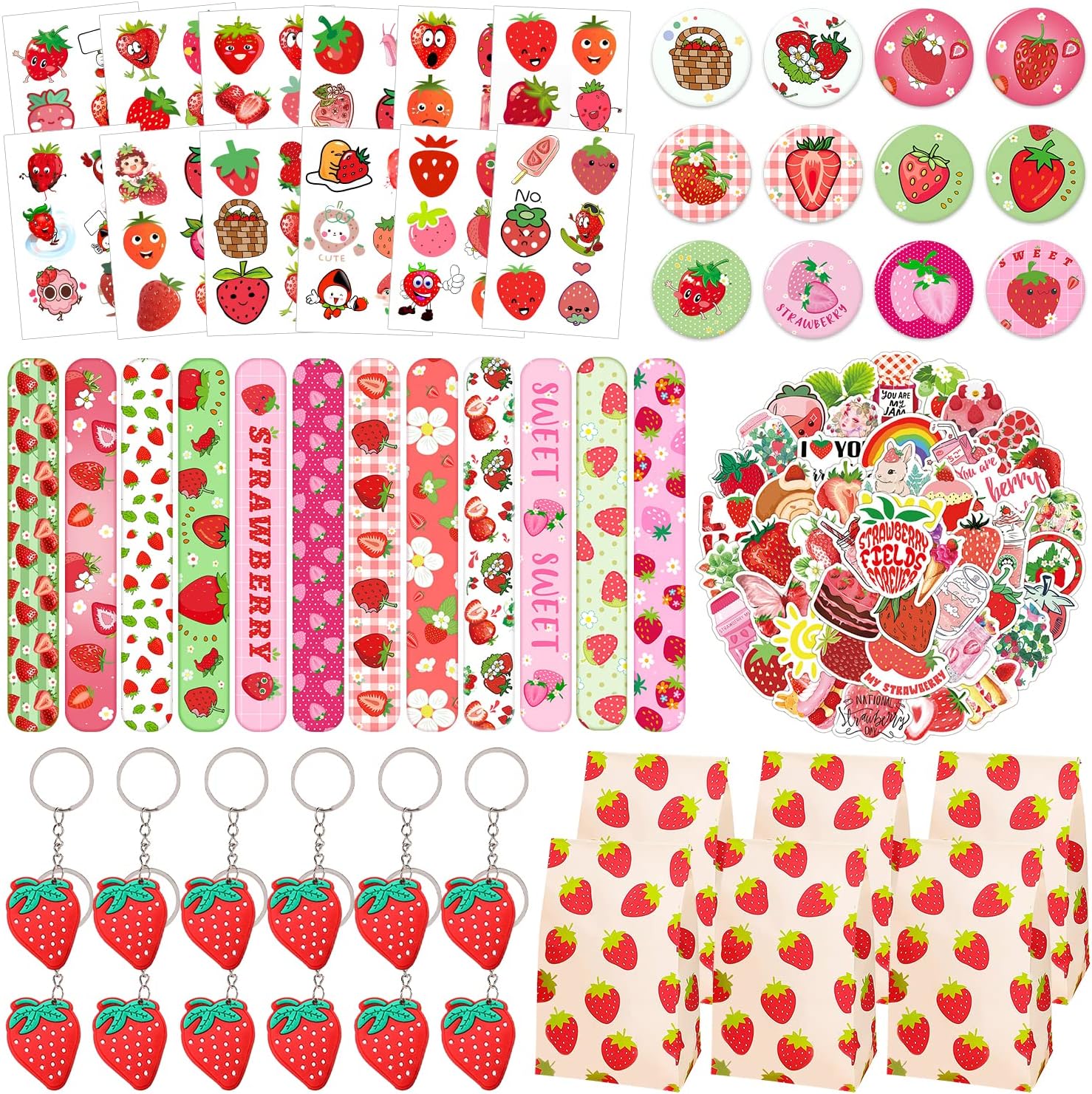 YYMYMGJ Strawberry Party Favors 110PCS Strawberry Theme Slap Bracelets Stickers Key Chains Badge Gift Bags Temporary Tattoos for Kids Baby Shower Berry First Birthday Party Supplies Decorations