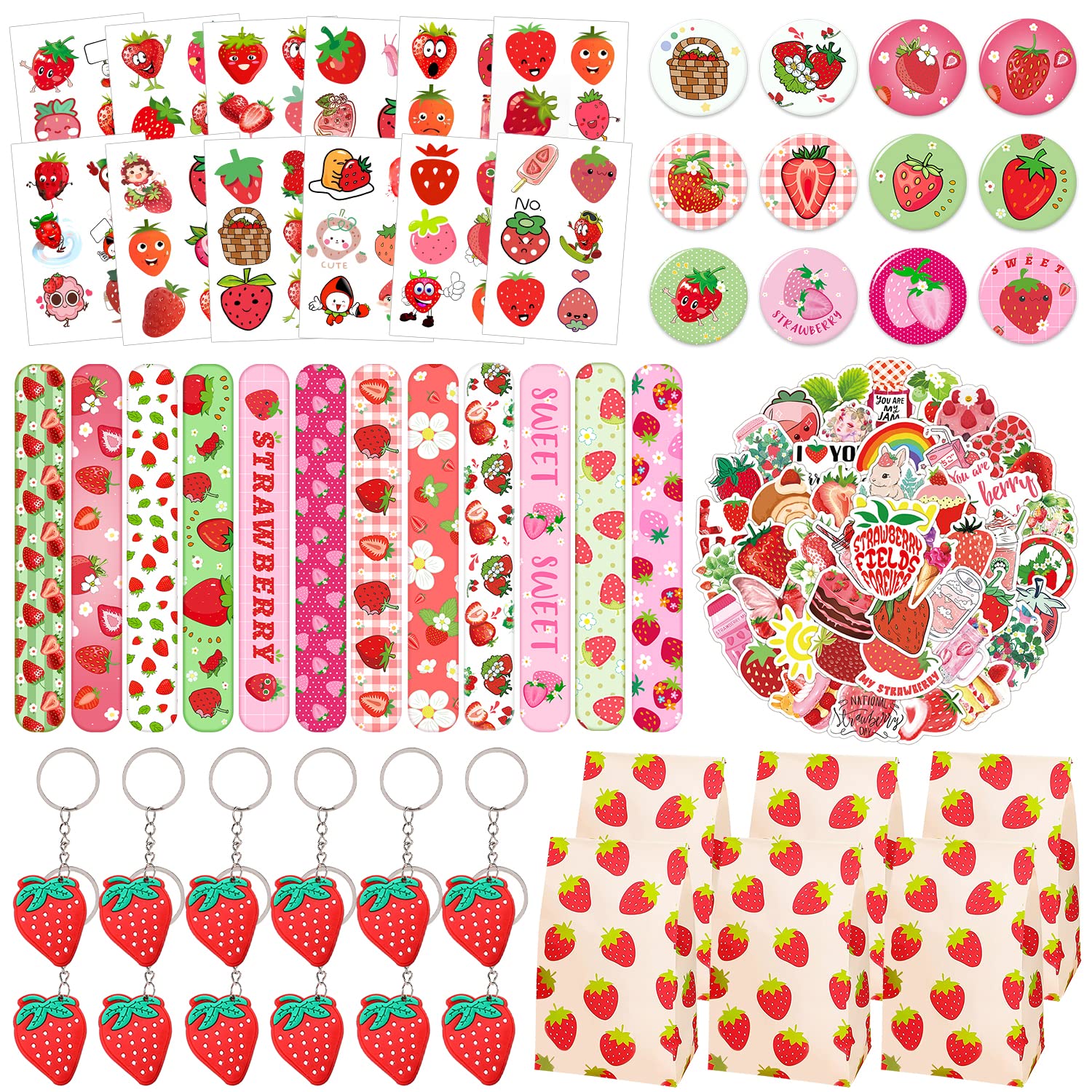 YYMYMGJ Strawberry Party Favors 110PCS Strawberry Theme Slap Bracelets Stickers Key Chains Badge Gift Bags Temporary Tattoos for Kids Baby Shower Berry First Birthday Party Supplies Decorations