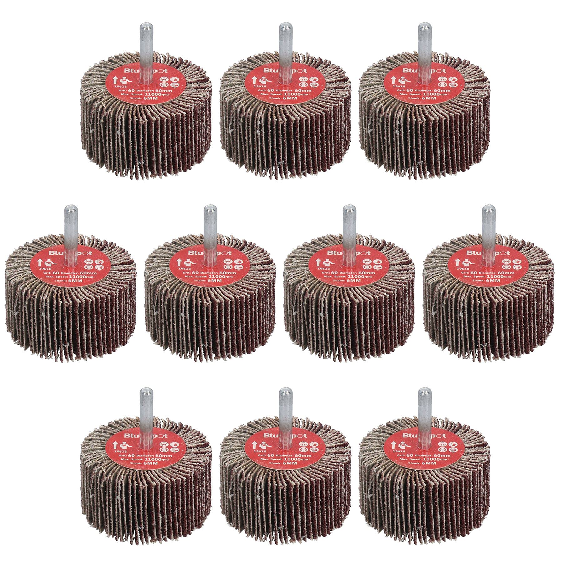Lot de 10 disques abrasifs à lamelles grain 60 mm pour perceuses Tige 6 mm