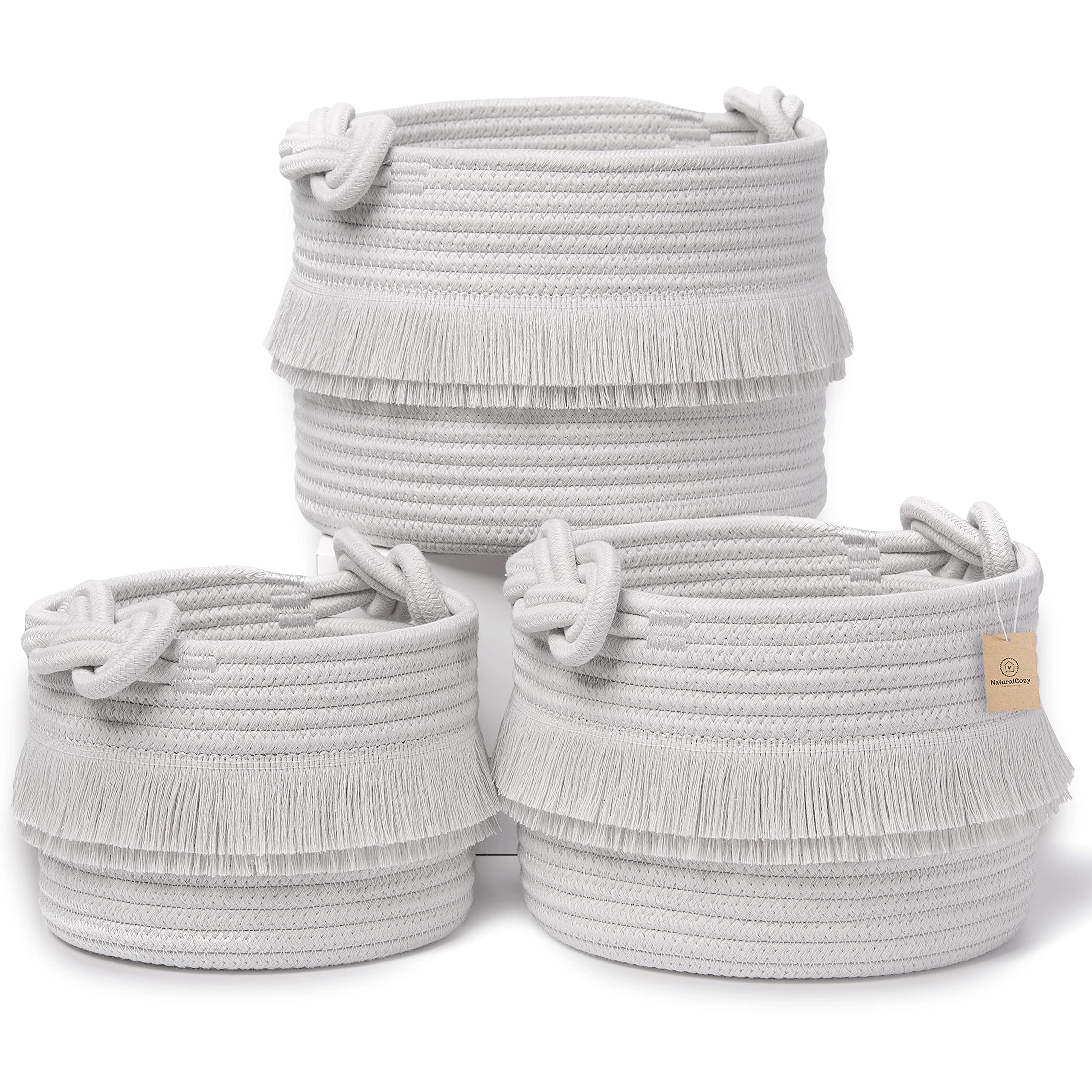 NaturalCozy 3-Piece Decorative Storage Basket Set – Cotton Rope Woven Baskets for Organizing! Small Storage Bins for Nursery Baby Stuff, Gift,