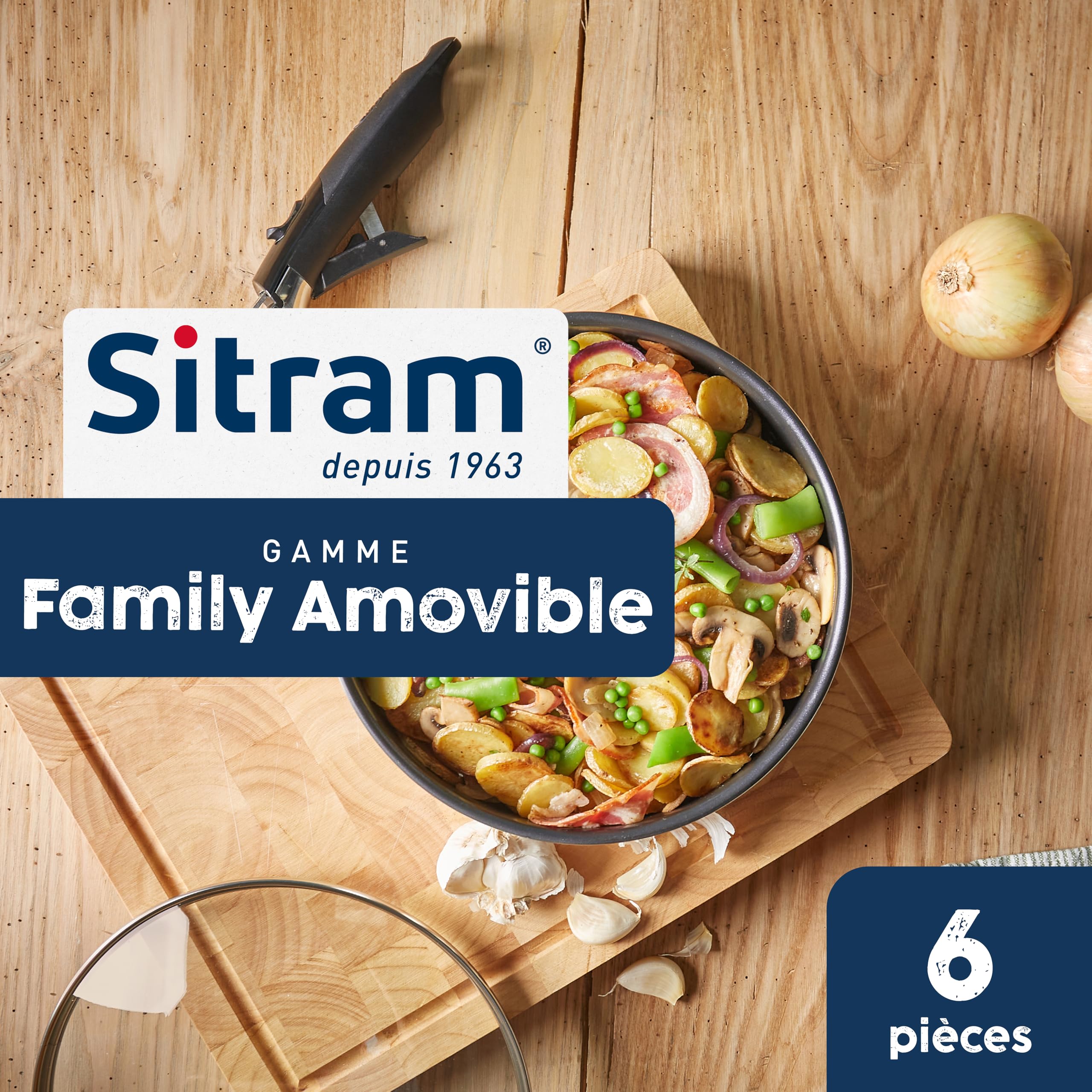Sitram 716978 Batterie de Cuisine en Aluminium recyclé bleu 6 pcs : 1 manche amovible, 1 casserole Ø18cm, 2 Poêles Ø22,26cm,1 Sauteuse Ø24cm, 1 couvercle - Tous feux dont induction