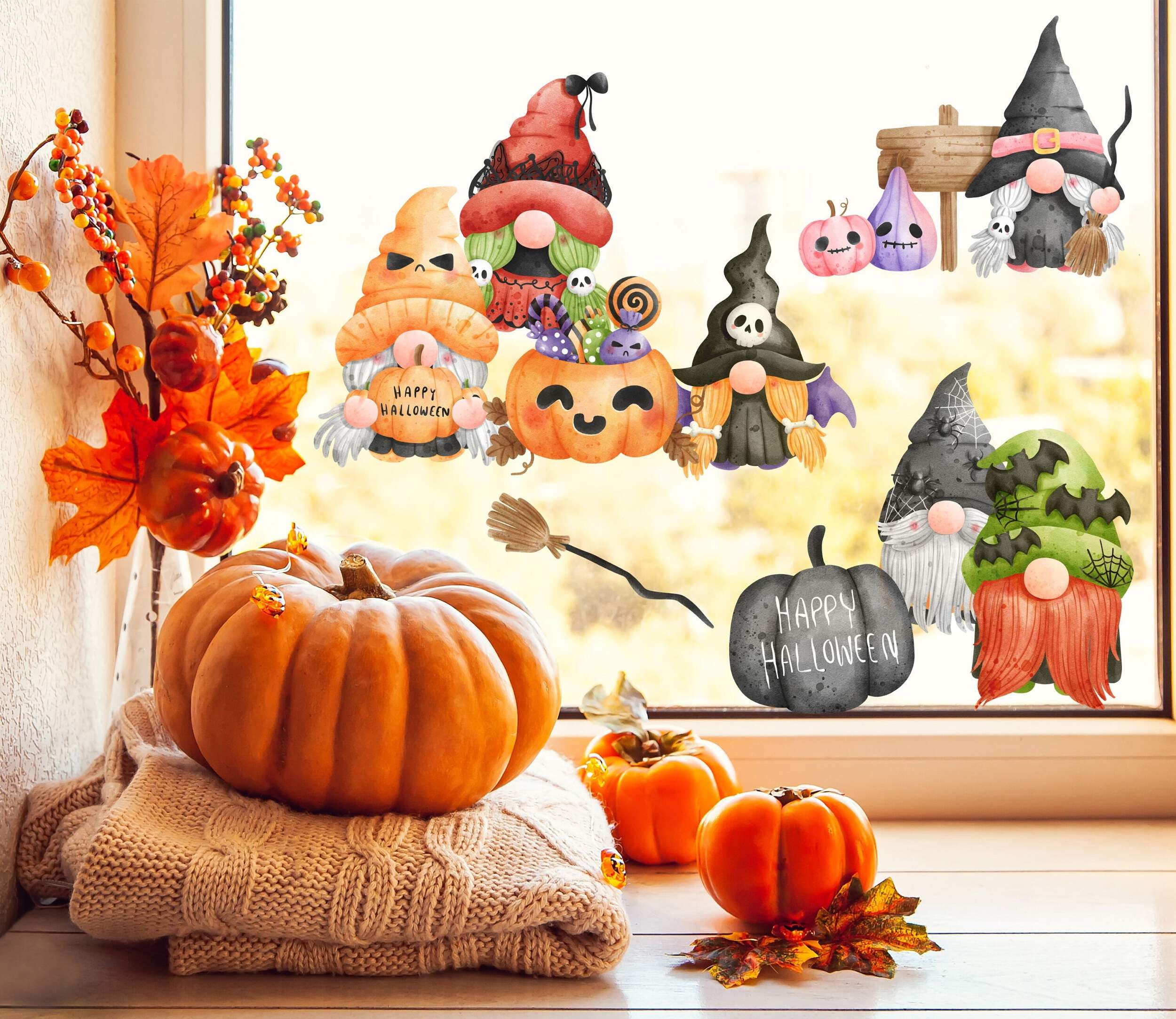 Quotemywall Scary Bats, Skulls & Pumpkins Creepy Funny Halloween Gnomes Halloween Window Stickers Decals With Pumpkins Skulls Bats & Witches