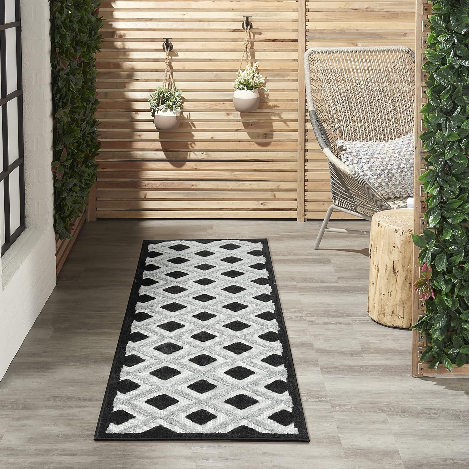 Nourison Home Aloha Geometric Indoor/Outdoor Black White 2'3" x 8' Area Rug, (8' Runner)