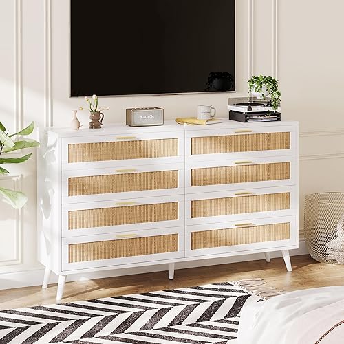 Rovaurx 8 Drawer Double Dresser for Bedroom, Rattan Chest of Dressers, Modern Wooden Dresser Chest with Golden Handles, Beside Table for Closet, Living Room and Entryway, White and Natural RDG003WM